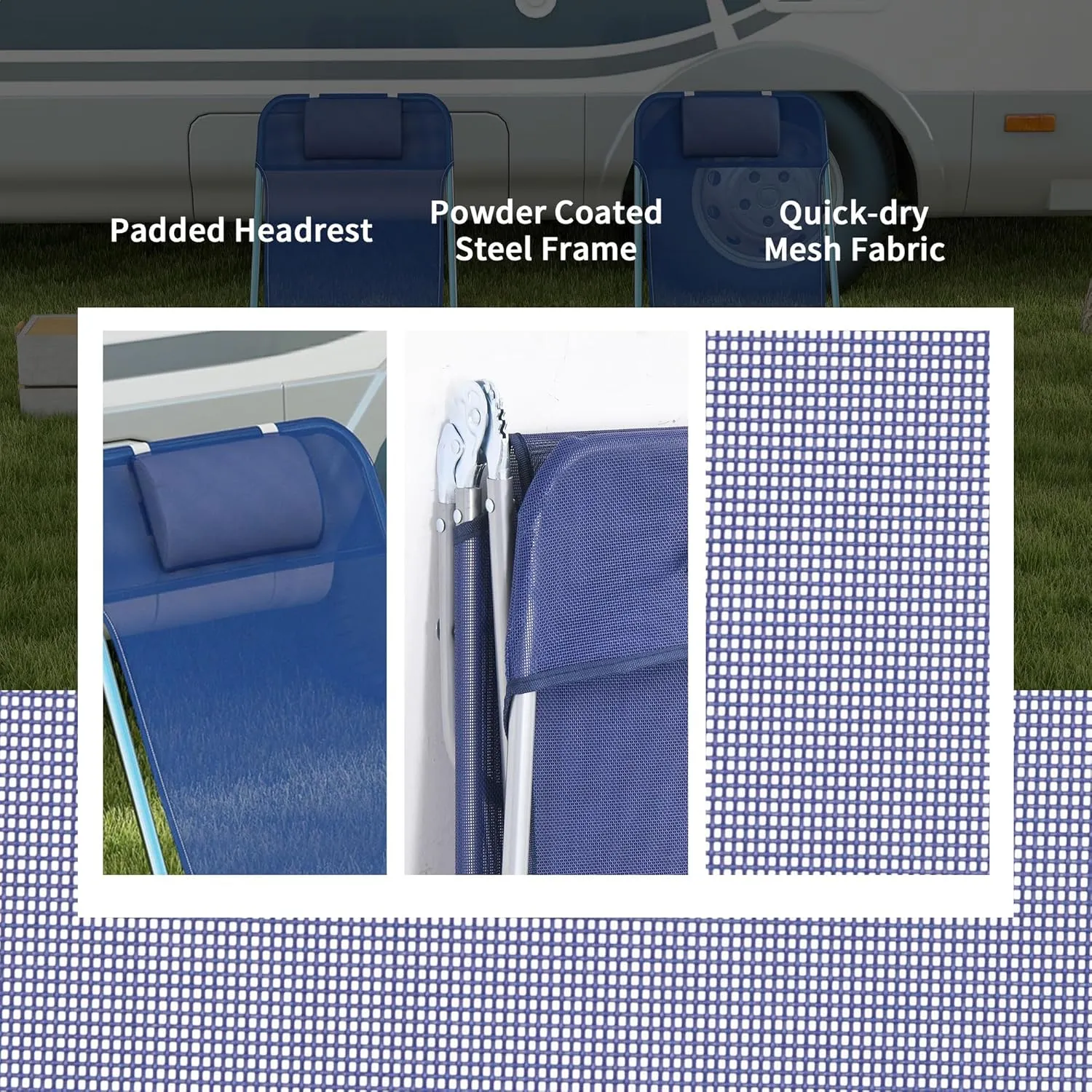 Outsunny 2 Piece Folding Chaise Lounge Chairs, Pool Sun Tanning Chairs with Reclining Back, Breathable Mesh Seat, Headrest for Beach, Yard, Patio, Dark Blue