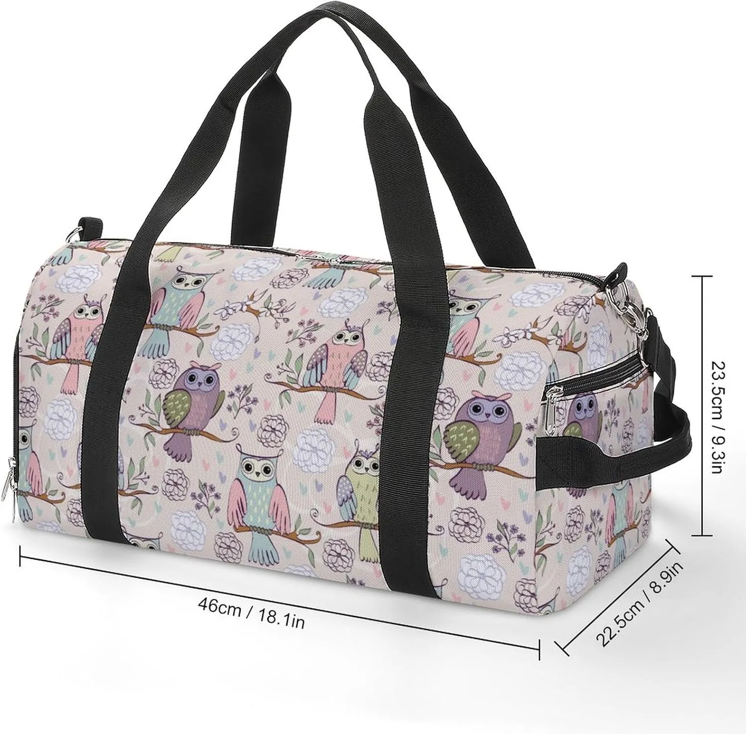 Owl Sitting on The Branches Print Sports Tote Gym Bag for Women Men, Overnight Bag with Shoe Compartment Water Resistant