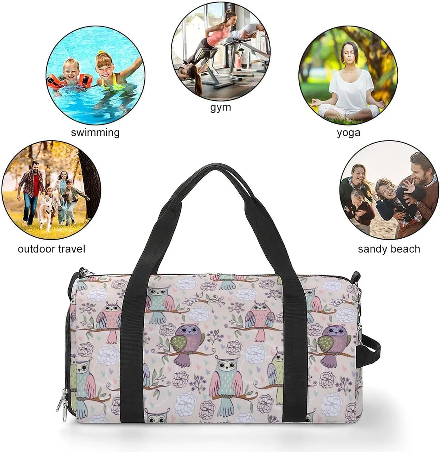 Owl Sitting on The Branches Print Sports Tote Gym Bag for Women Men, Overnight Bag with Shoe Compartment Water Resistant