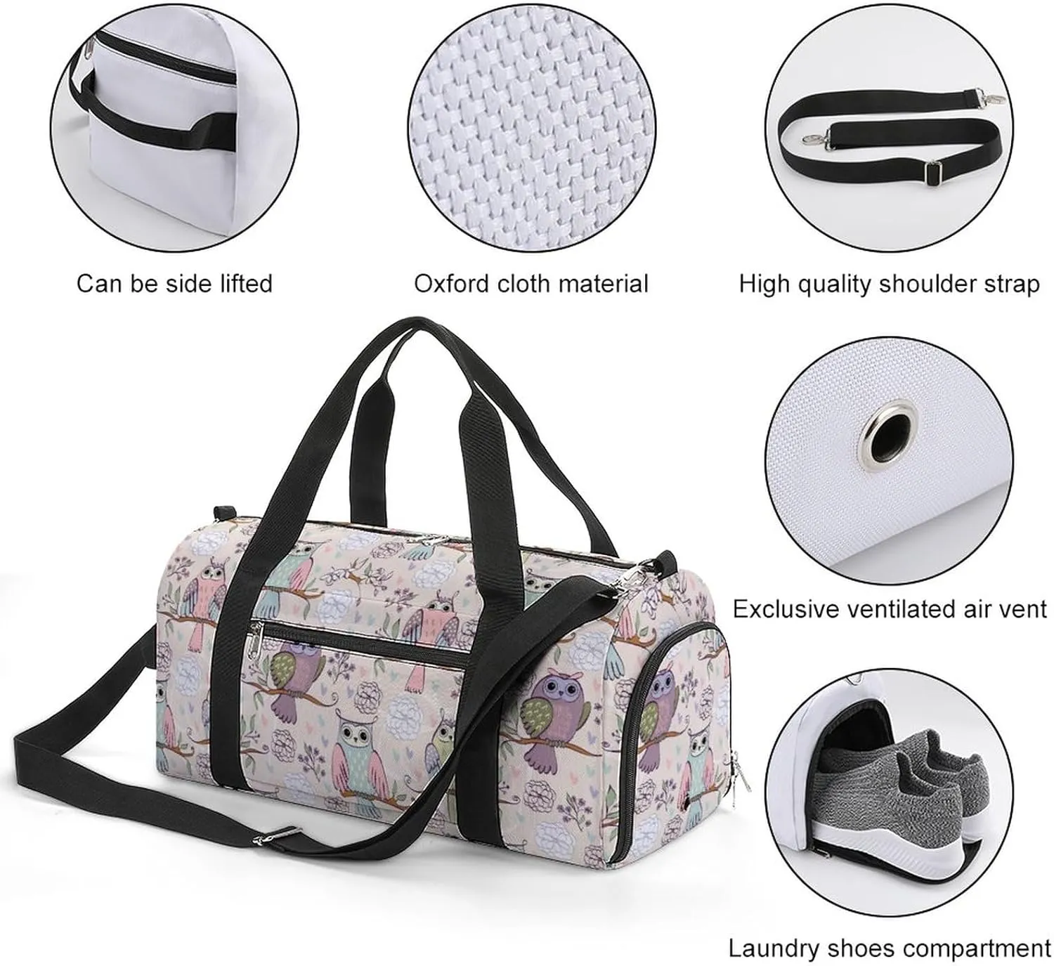 Owl Sitting on The Branches Print Sports Tote Gym Bag for Women Men, Overnight Bag with Shoe Compartment Water Resistant