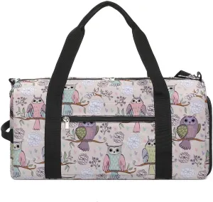 Owl Sitting on The Branches Print Sports Tote Gym Bag for Women Men, Overnight Bag with Shoe Compartment Water Resistant