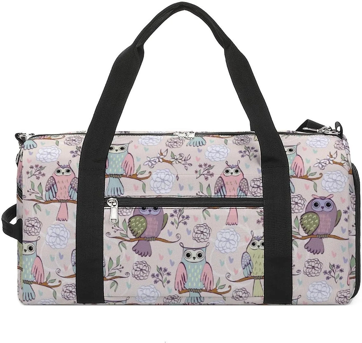 Owl Sitting on The Branches Print Sports Tote Gym Bag for Women Men, Overnight Bag with Shoe Compartment Water Resistant