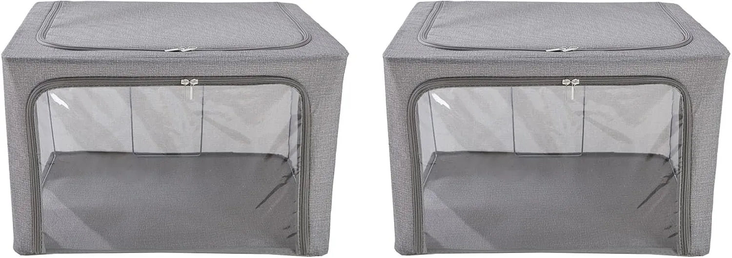 Oxford Cloth Steel Frame Storage Boxes - Under-Bed or in Closet - Pack of 2 Large Organizers (Denim Effect - Grey)