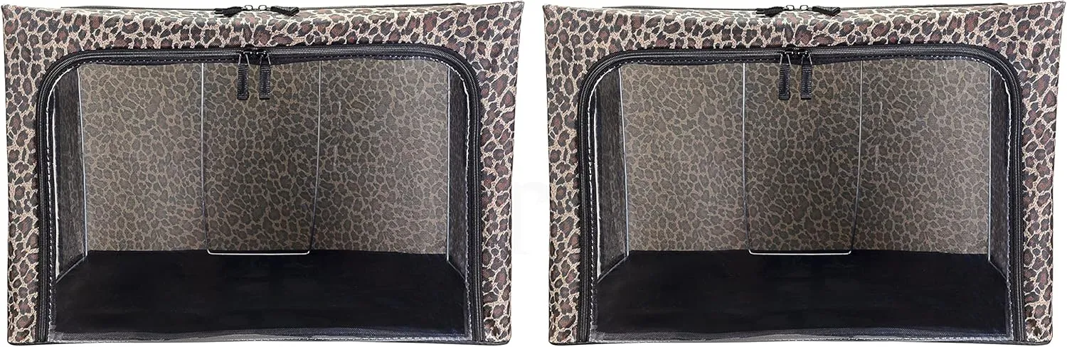 Oxford Cloth Steel Frame Storage Boxes - Under-Bed or in Closet - Pack of 2 Large Organizers (Leopard)
