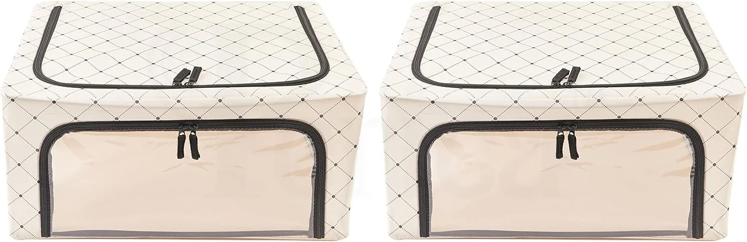 Oxford Cloth Steel Frame Storage Boxes - Under-Bed or in Closet - Pack of 2 Medium Organizers (Black Dots)