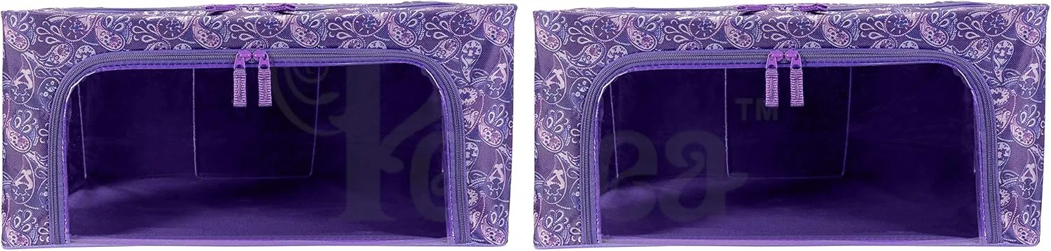 Oxford Cloth Steel Frame Storage Boxes - Under-Bed or in Closet - Pack of 2 Medium Organizers (Purple Paisley)
