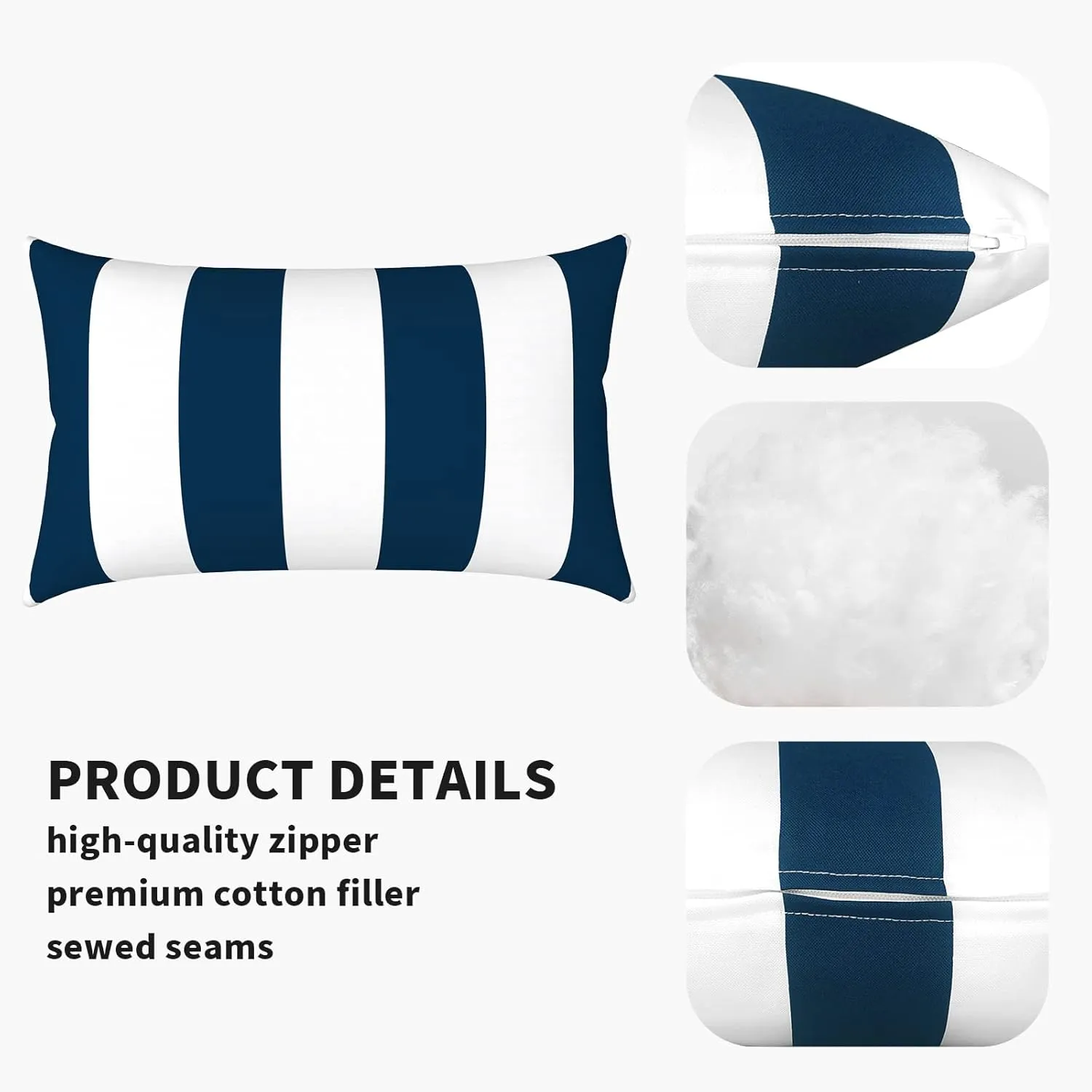 Pack of 2 Waterproof Outdoor Lumbar Pillow with Inserts, Rectangle Decorative Patio Throw Pillow for Home, Sofa,Bench and Patio Furniture (12 x 20 in,Cabana Navy)