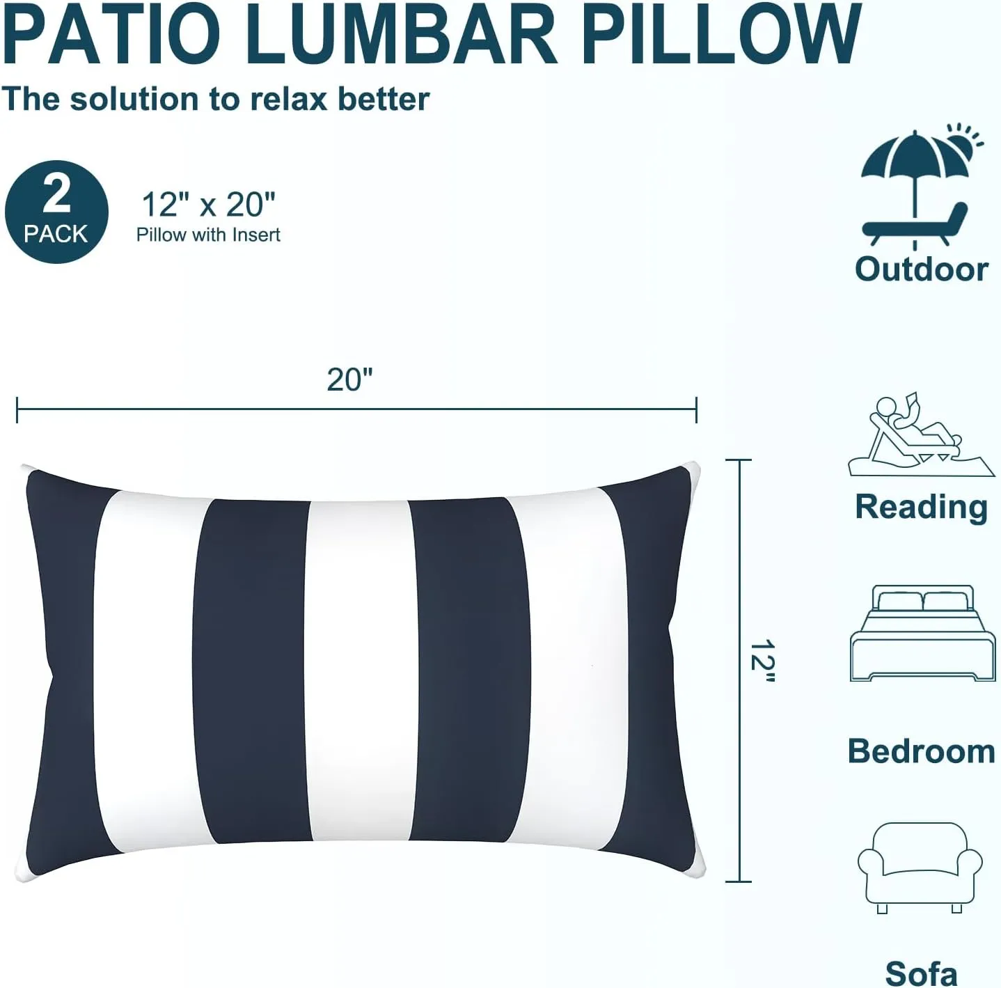 Pack of 2 Waterproof Outdoor Lumbar Pillow with Inserts, Rectangle Decorative Patio Throw Pillow for Home, Sofa,Bench and Patio Furniture (12 x 20 in,Cabana Navy)