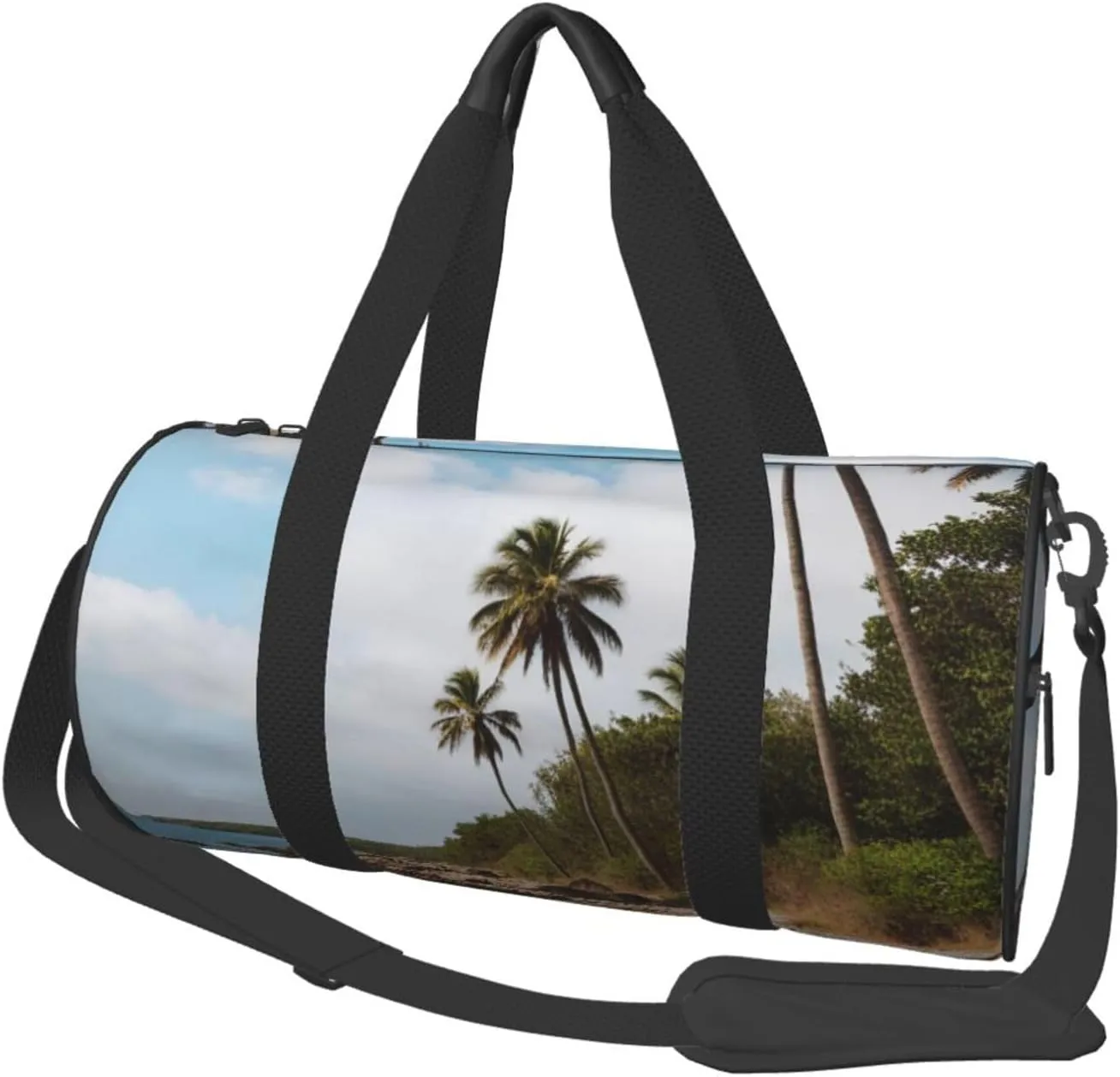 Palm Tree Rocky Shore Printed Travel Bag,Round Personal Item Storage bag,Foldie Duffel Bag for Traveling Vacation,Fitness,Sports