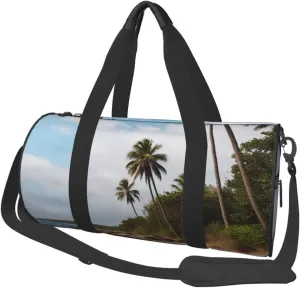 Palm Tree Rocky Shore Printed Travel Bag,Round Personal Item Storage bag,Foldie Duffel Bag for Traveling Vacation,Fitness,Sports