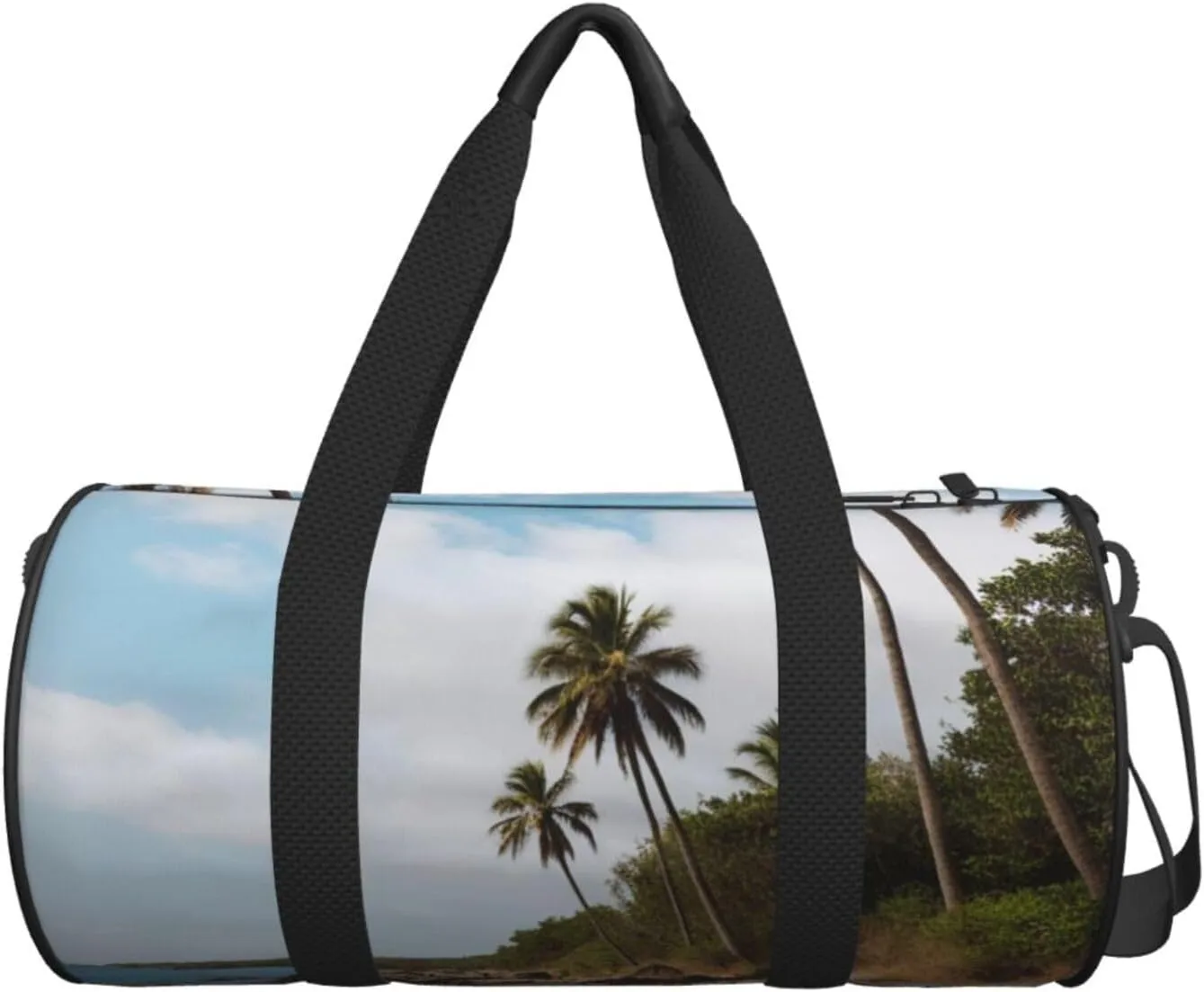 Palm Tree Rocky Shore Printed Travel Bag,Round Personal Item Storage bag,Foldie Duffel Bag for Traveling Vacation,Fitness,Sports