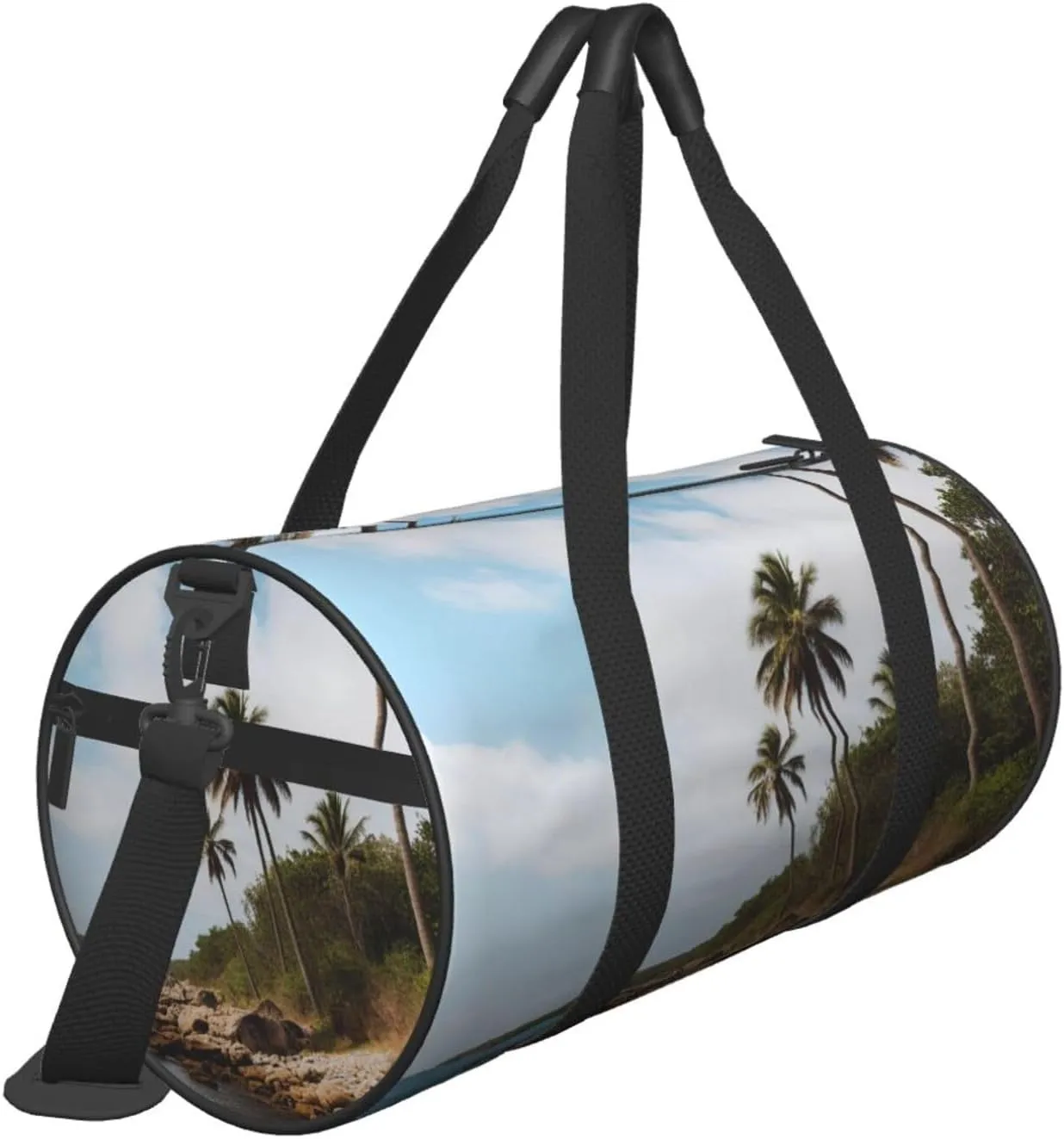 Palm Tree Rocky Shore Printed Travel Bag,Round Personal Item Storage bag,Foldie Duffel Bag for Traveling Vacation,Fitness,Sports