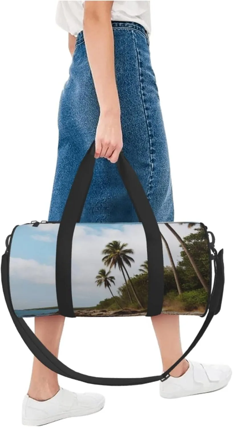 Palm Tree Rocky Shore Printed Travel Bag,Round Personal Item Storage bag,Foldie Duffel Bag for Traveling Vacation,Fitness,Sports