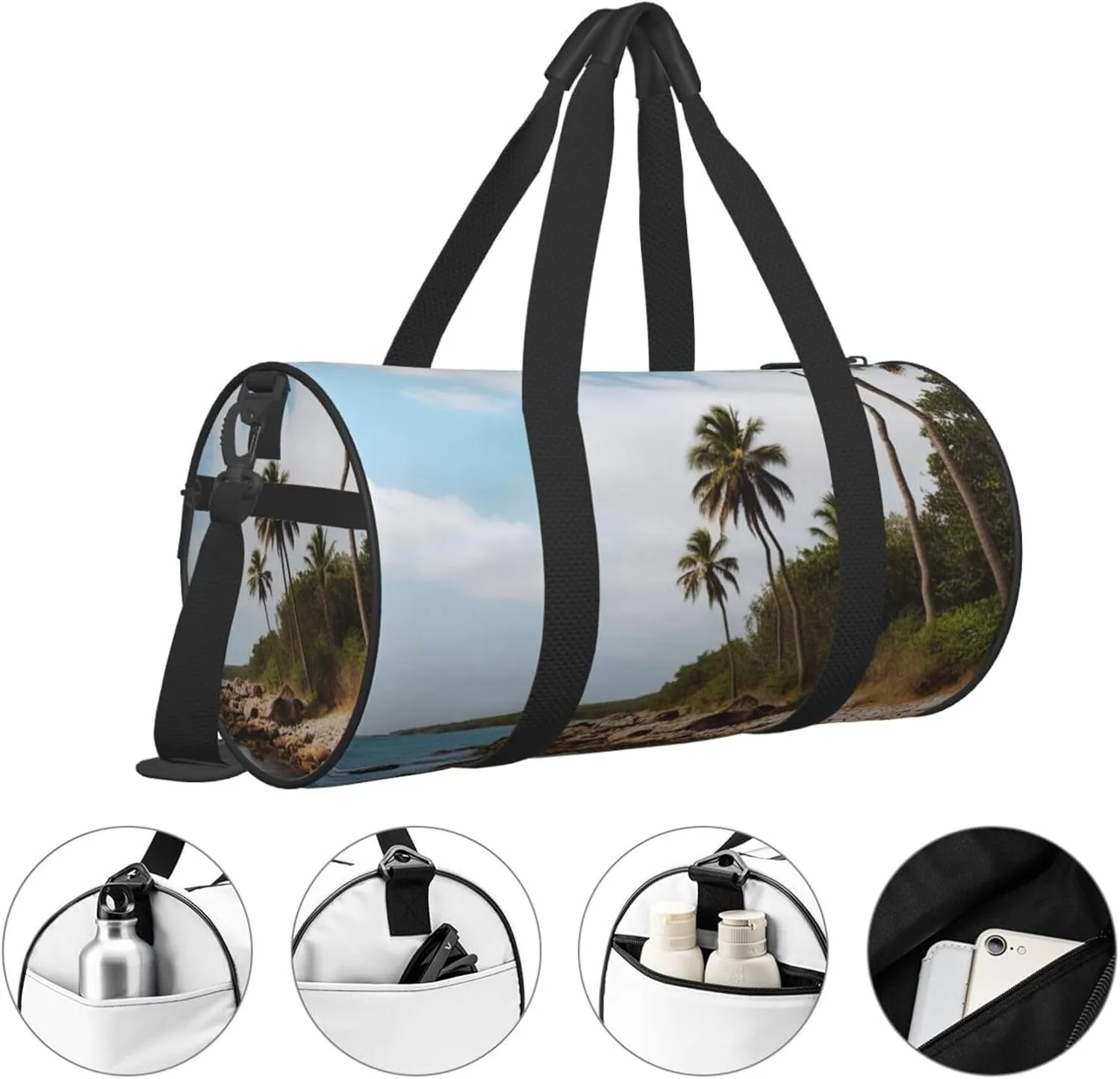 Palm Tree Rocky Shore Printed Travel Bag,Round Personal Item Storage bag,Foldie Duffel Bag for Traveling Vacation,Fitness,Sports