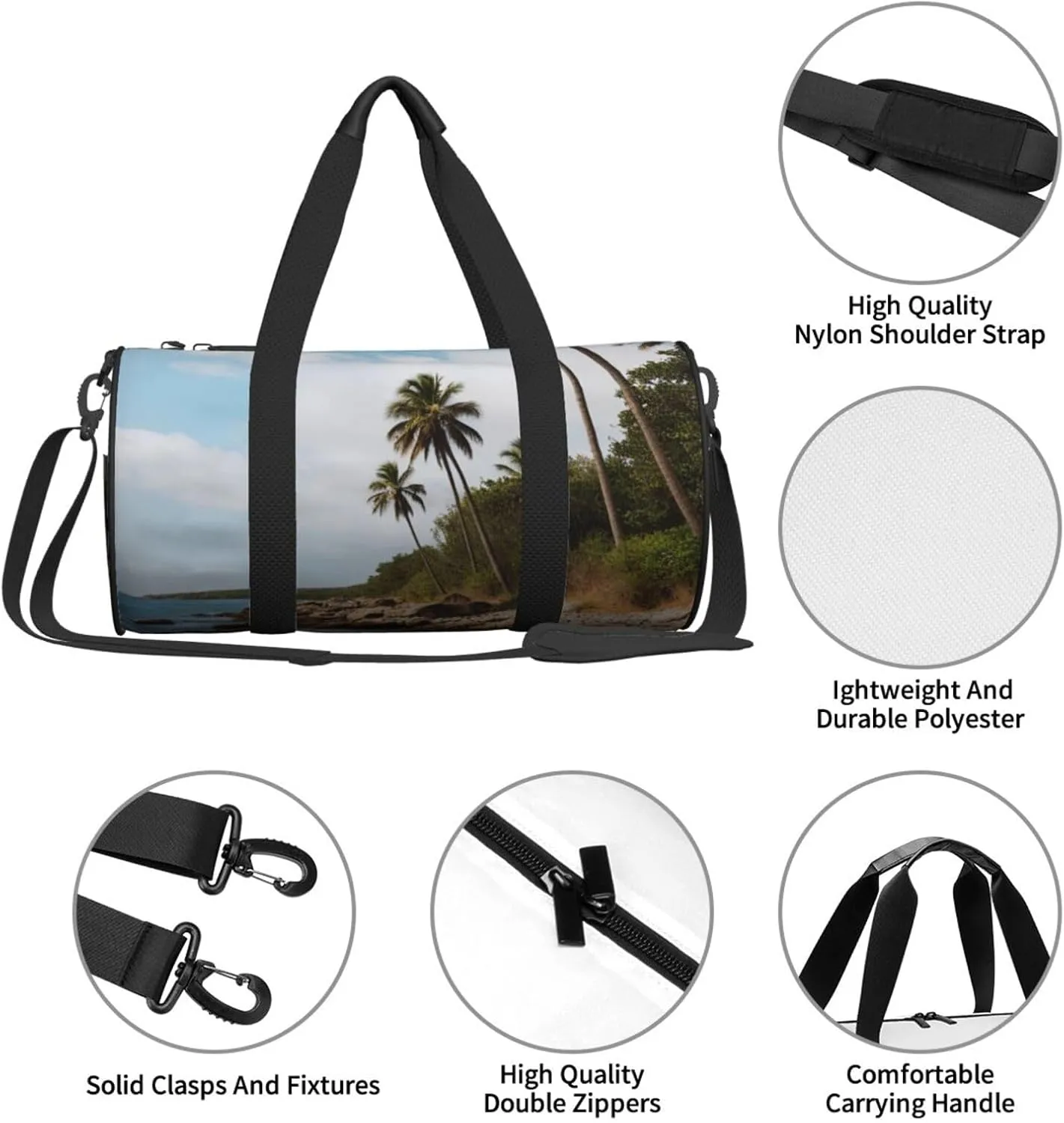 Palm Tree Rocky Shore Printed Travel Bag,Round Personal Item Storage bag,Foldie Duffel Bag for Traveling Vacation,Fitness,Sports