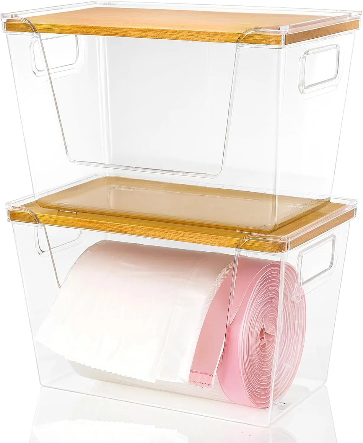 Pantry Organizer Storage Stackable with Bamboo Top for Kitchen Laundry Room Organizers, Large Trash Bag Holder and Garbage Bag Dispenser