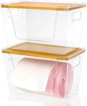 Pantry Organizer Storage Stackable with Bamboo Top for Kitchen Laundry Room Organizers, Large Trash Bag Holder and Garbage Bag Dispenser