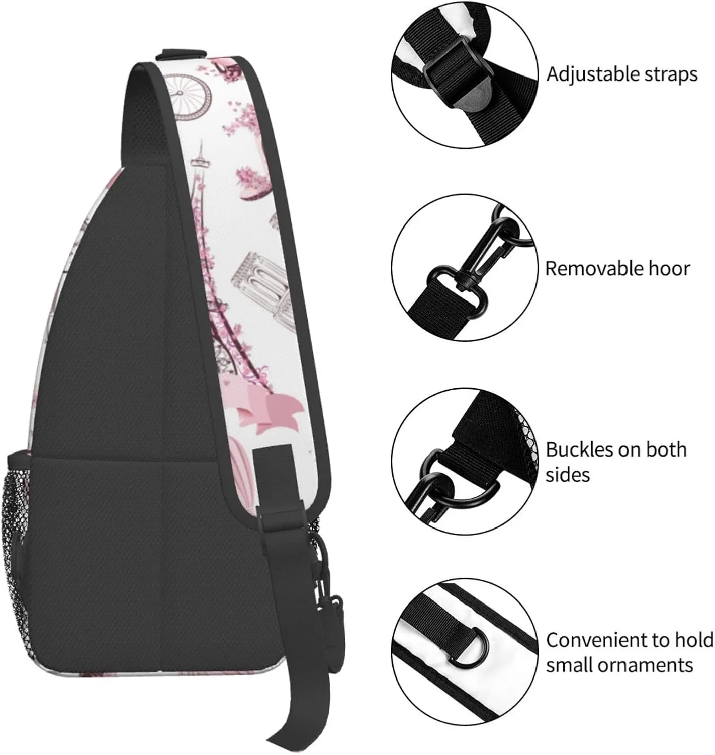 Paris Eiffel Tower Sling Bag Crossbody Backpack,Paris Symbols with Pink Flowers and Hot Air Balloon Bicycle Chest Bag Casual Shoulder Backpack Romantic Trip Art Print Travel Hiking Daypack