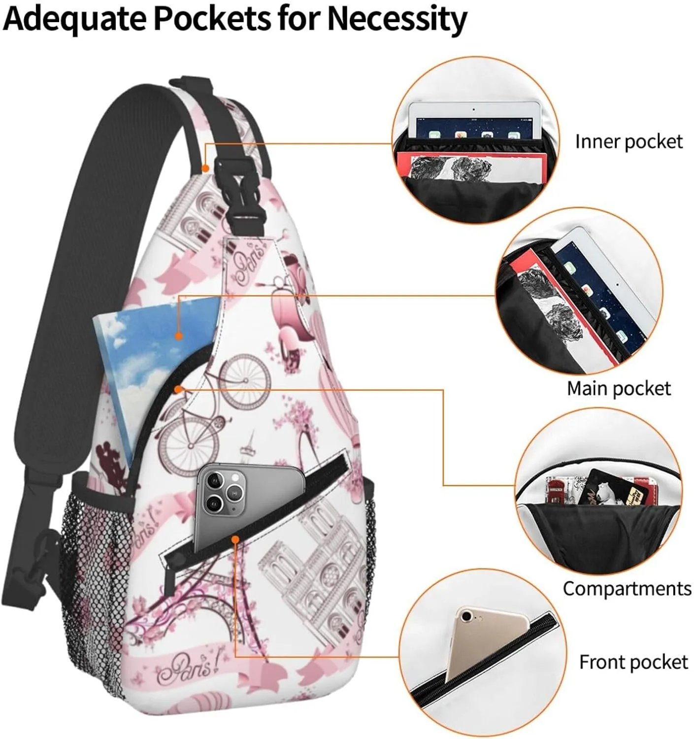 Paris Eiffel Tower Sling Bag Crossbody Backpack,Paris Symbols with Pink Flowers and Hot Air Balloon Bicycle Chest Bag Casual Shoulder Backpack Romantic Trip Art Print Travel Hiking Daypack