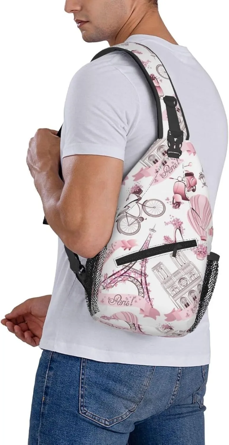 Paris Eiffel Tower Sling Bag Crossbody Backpack,Paris Symbols with Pink Flowers and Hot Air Balloon Bicycle Chest Bag Casual Shoulder Backpack Romantic Trip Art Print Travel Hiking Daypack