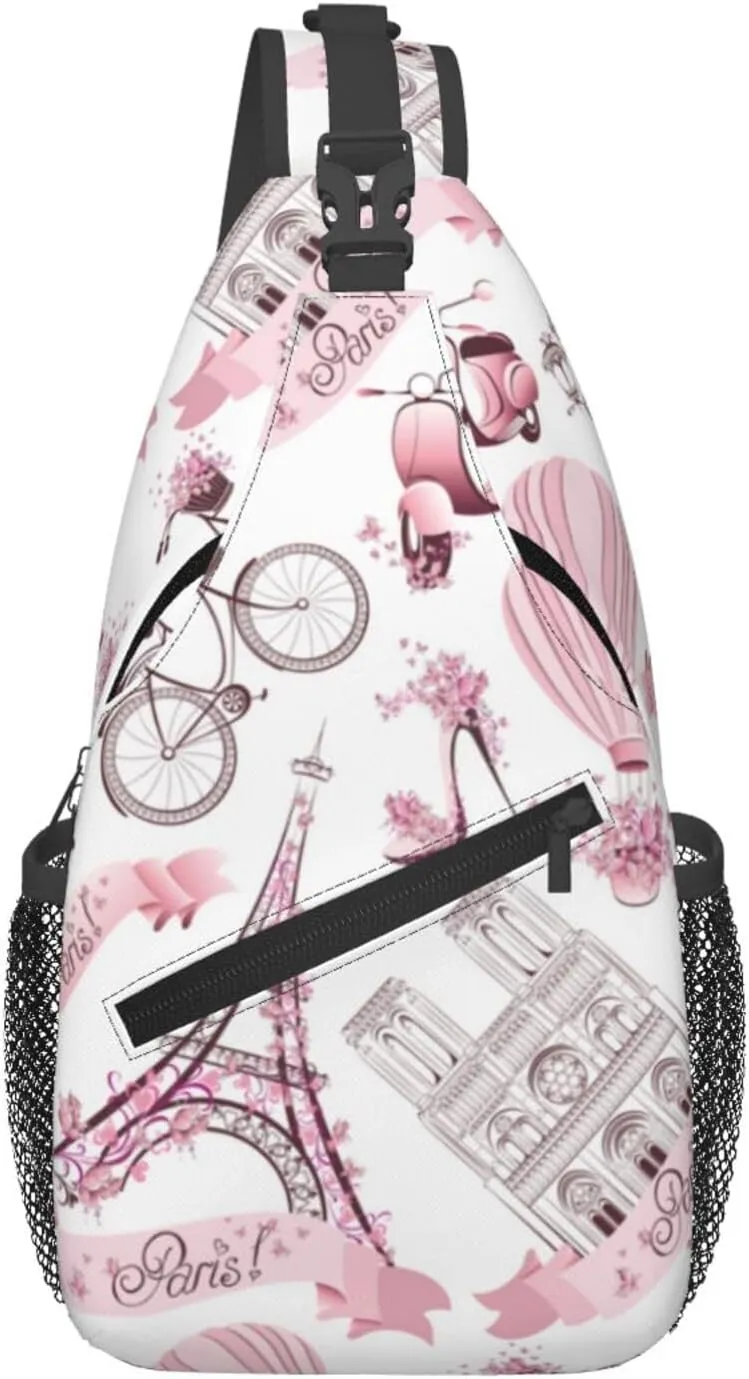Paris Eiffel Tower Sling Bag Crossbody Backpack,Paris Symbols with Pink Flowers and Hot Air Balloon Bicycle Chest Bag Casual Shoulder Backpack Romantic Trip Art Print Travel Hiking Daypack