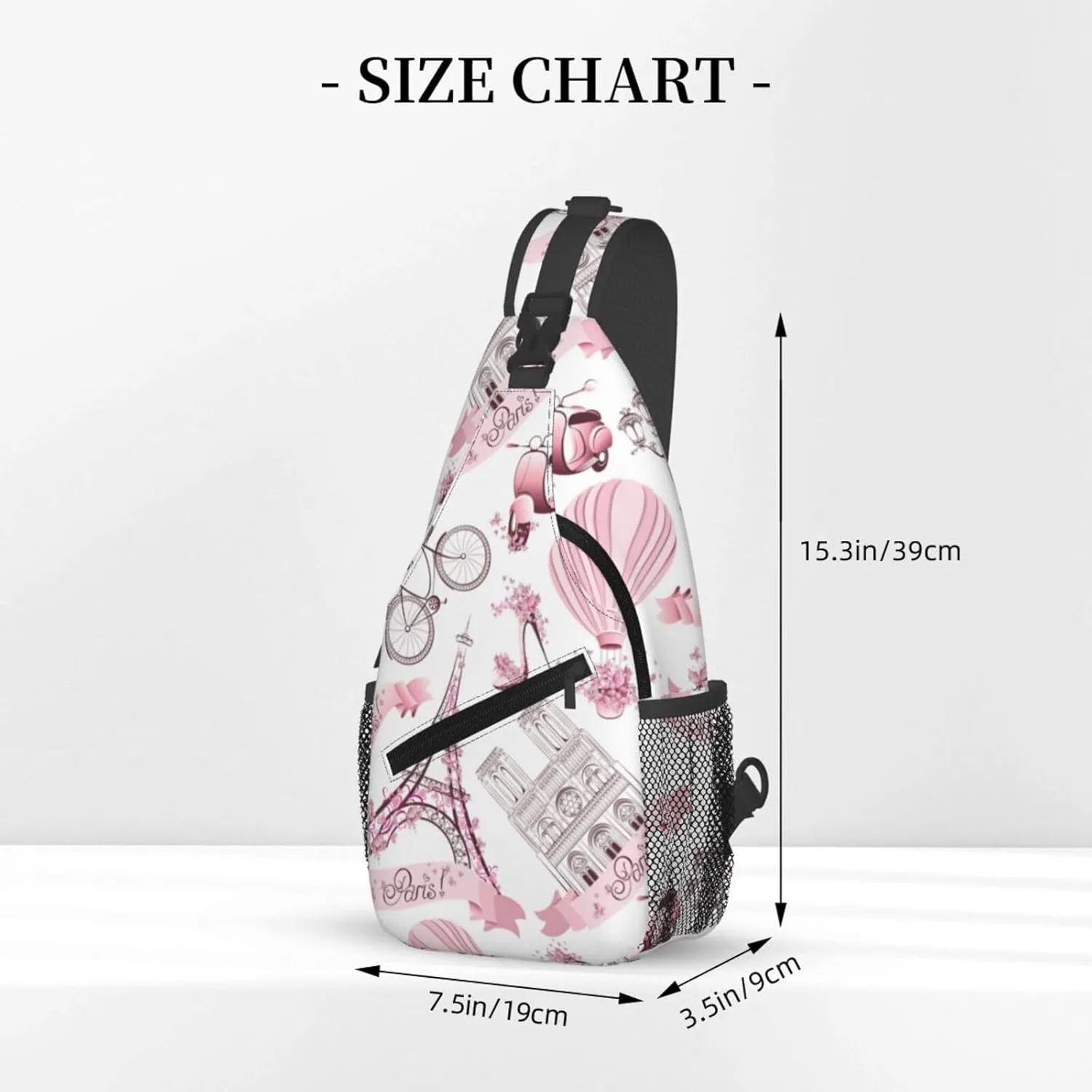 Paris Eiffel Tower Sling Bag Crossbody Backpack,Paris Symbols with Pink Flowers and Hot Air Balloon Bicycle Chest Bag Casual Shoulder Backpack Romantic Trip Art Print Travel Hiking Daypack
