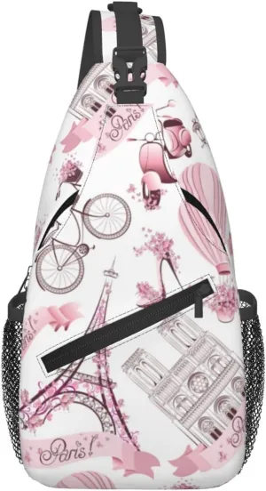 Paris Eiffel Tower Sling Bag Crossbody Backpack,Paris Symbols with Pink Flowers and Hot Air Balloon Bicycle Chest Bag Casual Shoulder Backpack Romantic Trip Art Print Travel Hiking Daypack