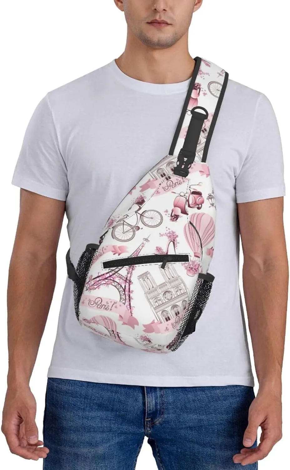 Paris Eiffel Tower Sling Bag Crossbody Backpack,Paris Symbols with Pink Flowers and Hot Air Balloon Bicycle Chest Bag Casual Shoulder Backpack Romantic Trip Art Print Travel Hiking Daypack