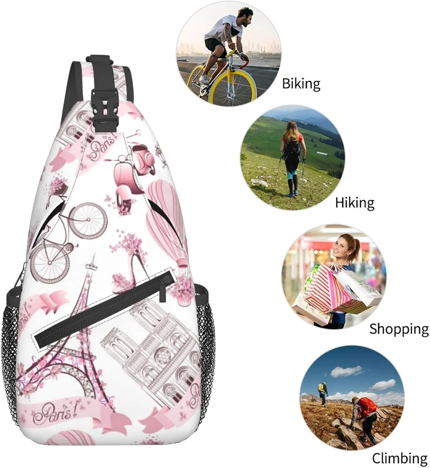 Paris Eiffel Tower Sling Bag Crossbody Backpack,Paris Symbols with Pink Flowers and Hot Air Balloon Bicycle Chest Bag Casual Shoulder Backpack Romantic Trip Art Print Travel Hiking Daypack