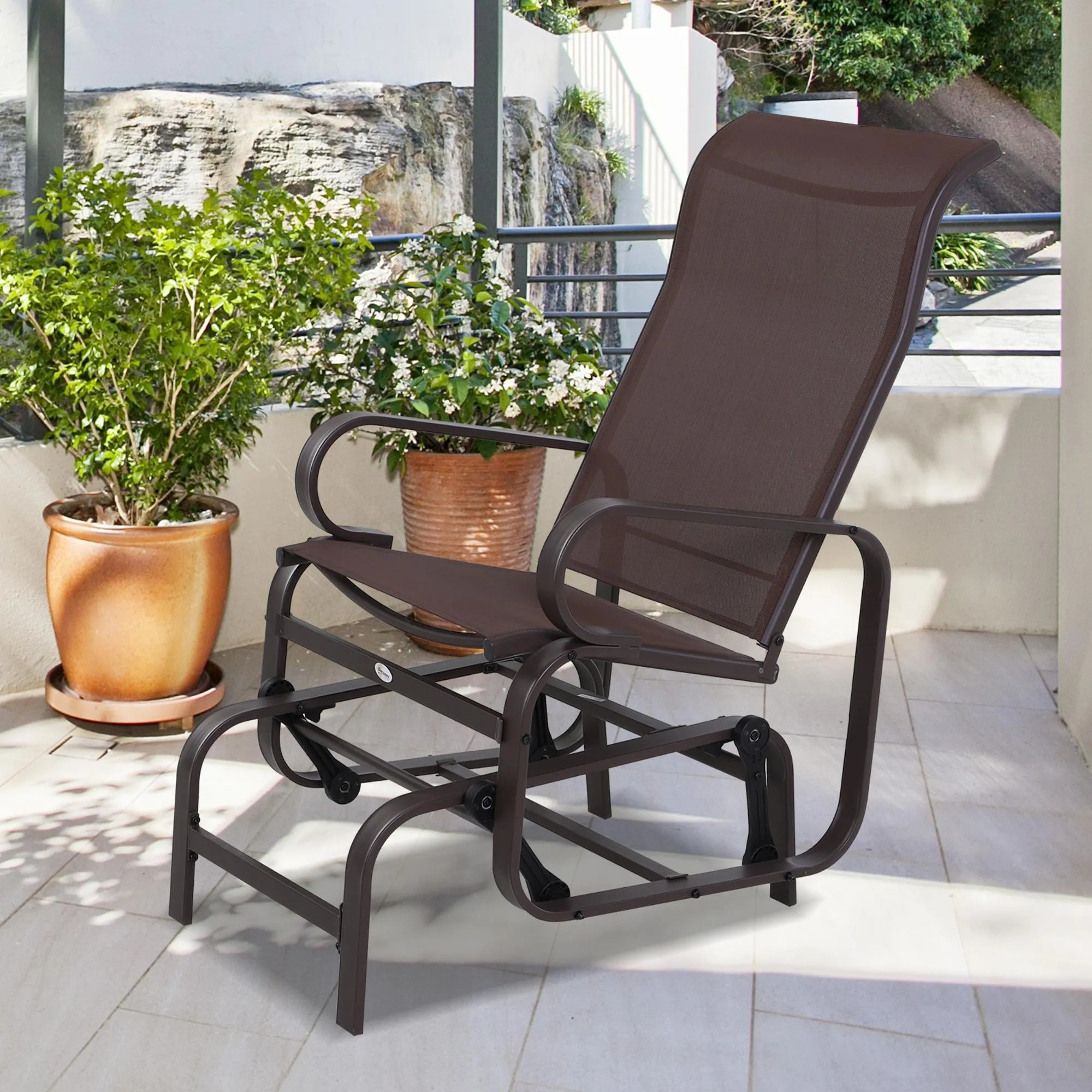 Patio Glider with Breathable Mesh Fabric, Outdoor Glider Chair, Garden Rocking Gliding Seat for Patio, Yard, Porch, Brown