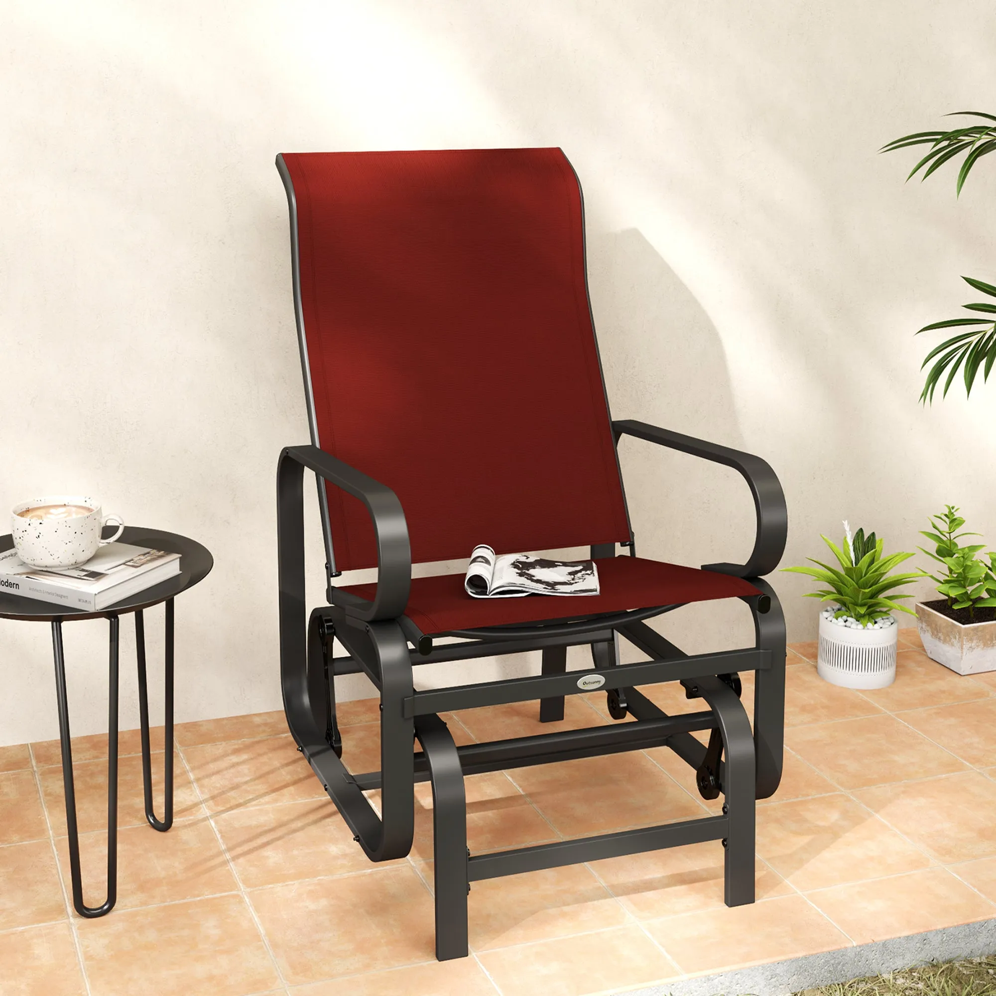 Patio Glider with Breathable Mesh Fabric, Outdoor Glider Chair, Garden Rocking Gliding Seat for Patio, Yard, Porch, Wine Red