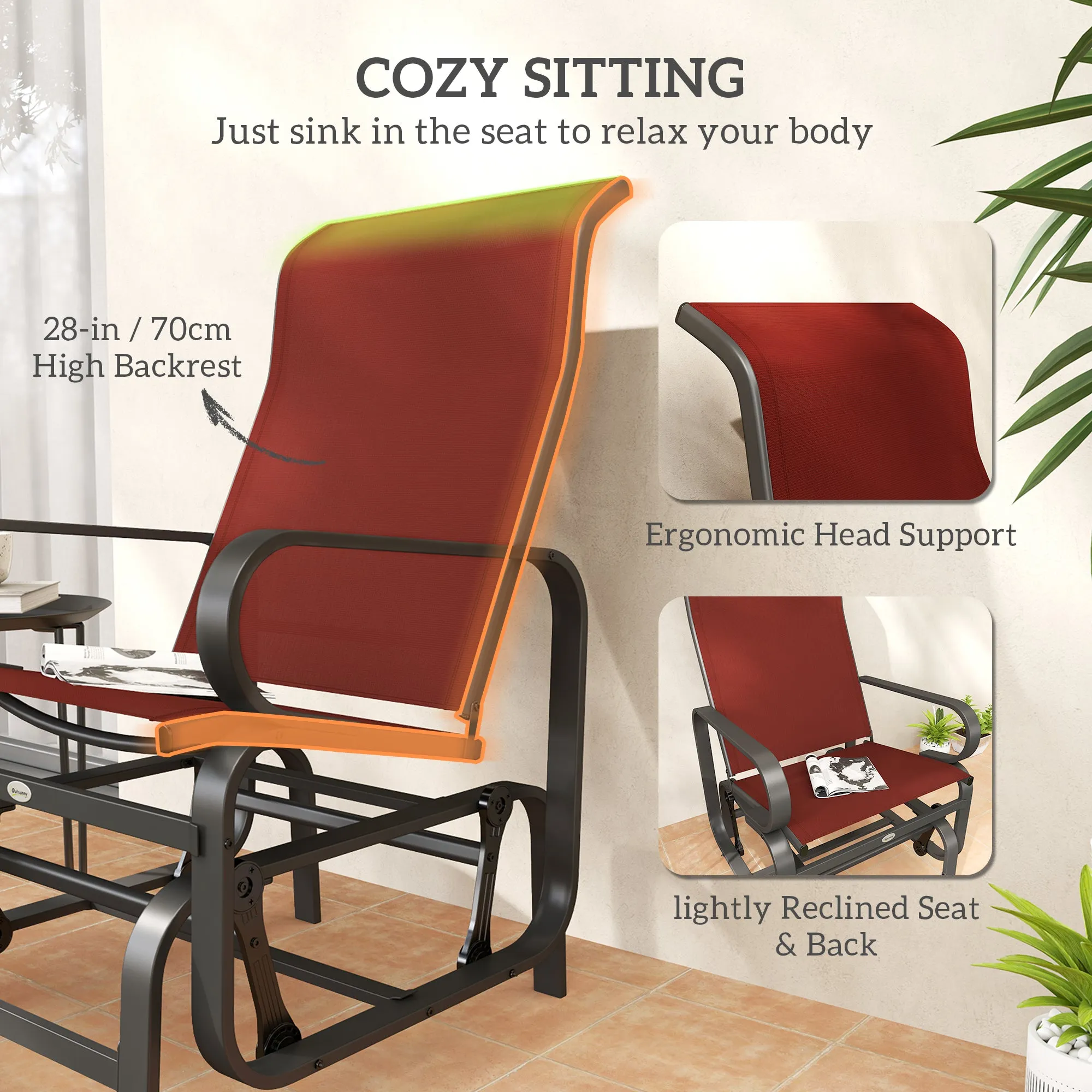 Patio Glider with Breathable Mesh Fabric, Outdoor Glider Chair, Garden Rocking Gliding Seat for Patio, Yard, Porch, Wine Red