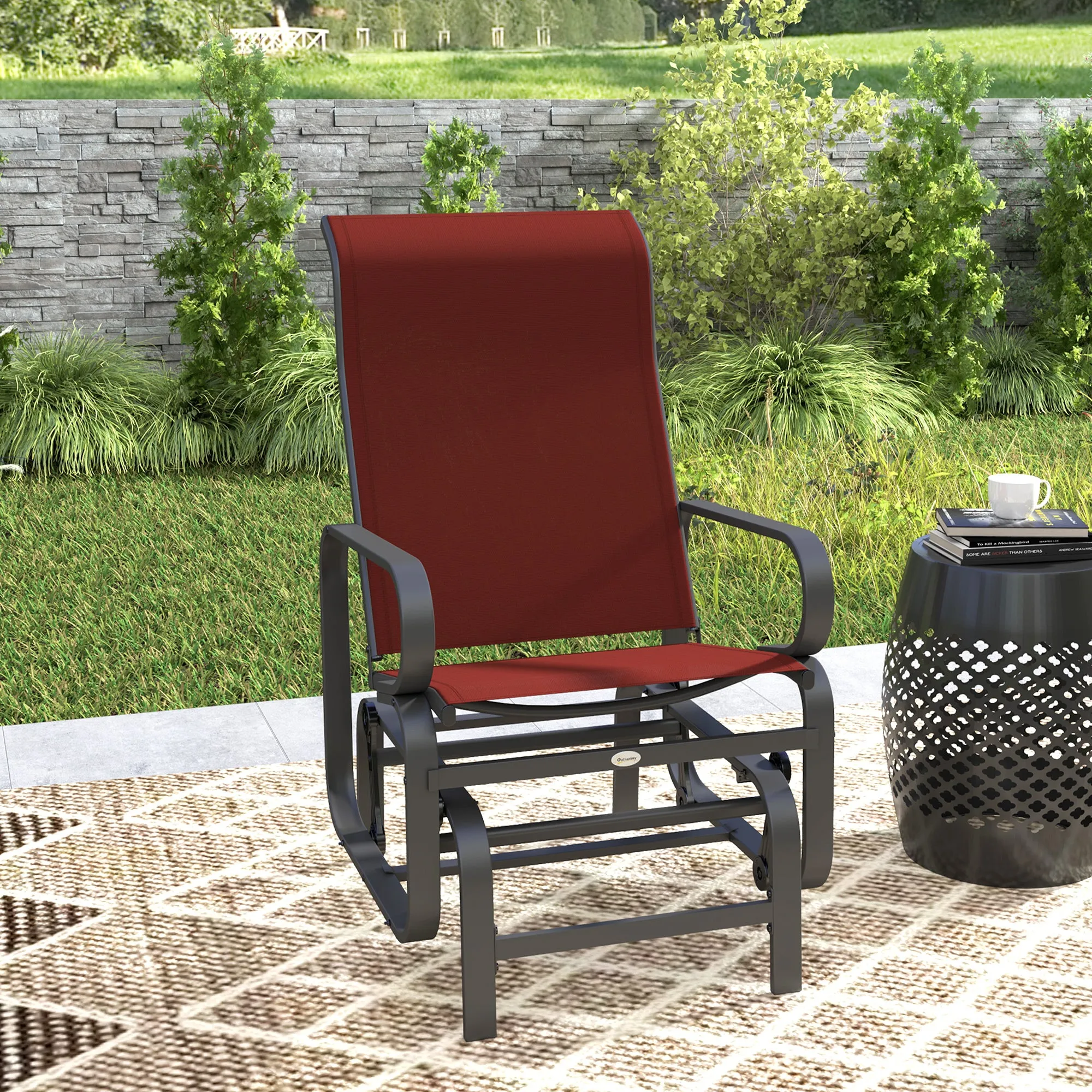Patio Glider with Breathable Mesh Fabric, Outdoor Glider Chair, Garden Rocking Gliding Seat for Patio, Yard, Porch, Wine Red
