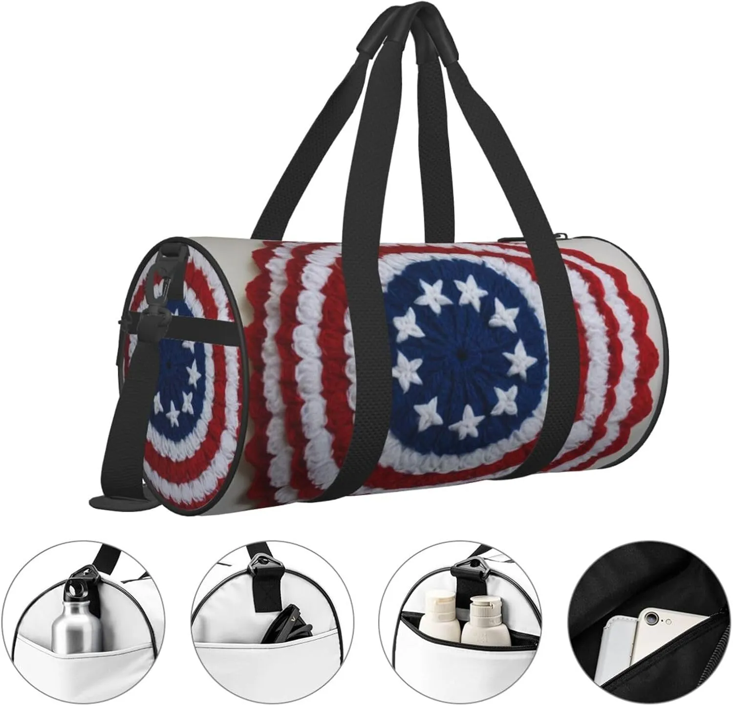 Patriotic 4th of July American Flag Printed Travel Bag,Round Personal Item Storage bag,Foldie Duffel Bag for Traveling Vacation,Fitness,Sports