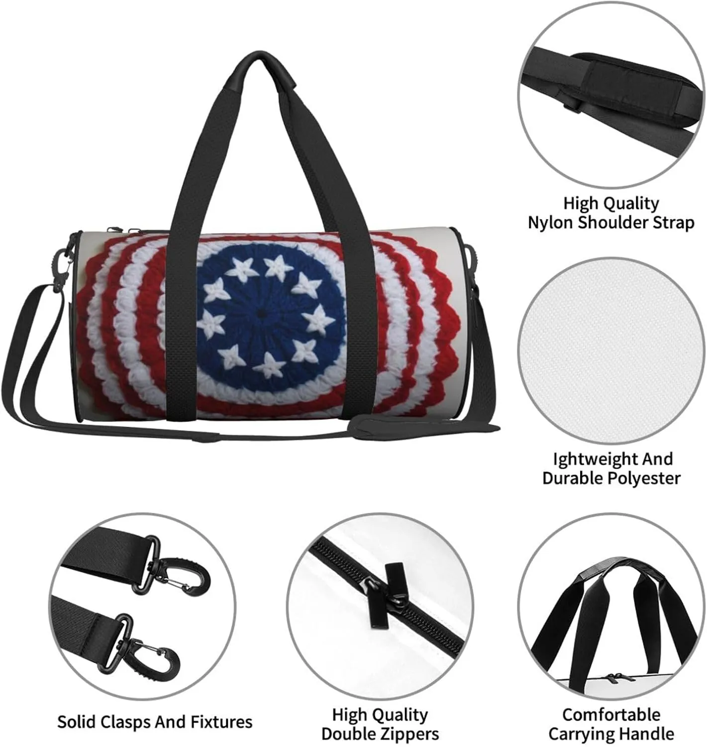 Patriotic 4th of July American Flag Printed Travel Bag,Round Personal Item Storage bag,Foldie Duffel Bag for Traveling Vacation,Fitness,Sports