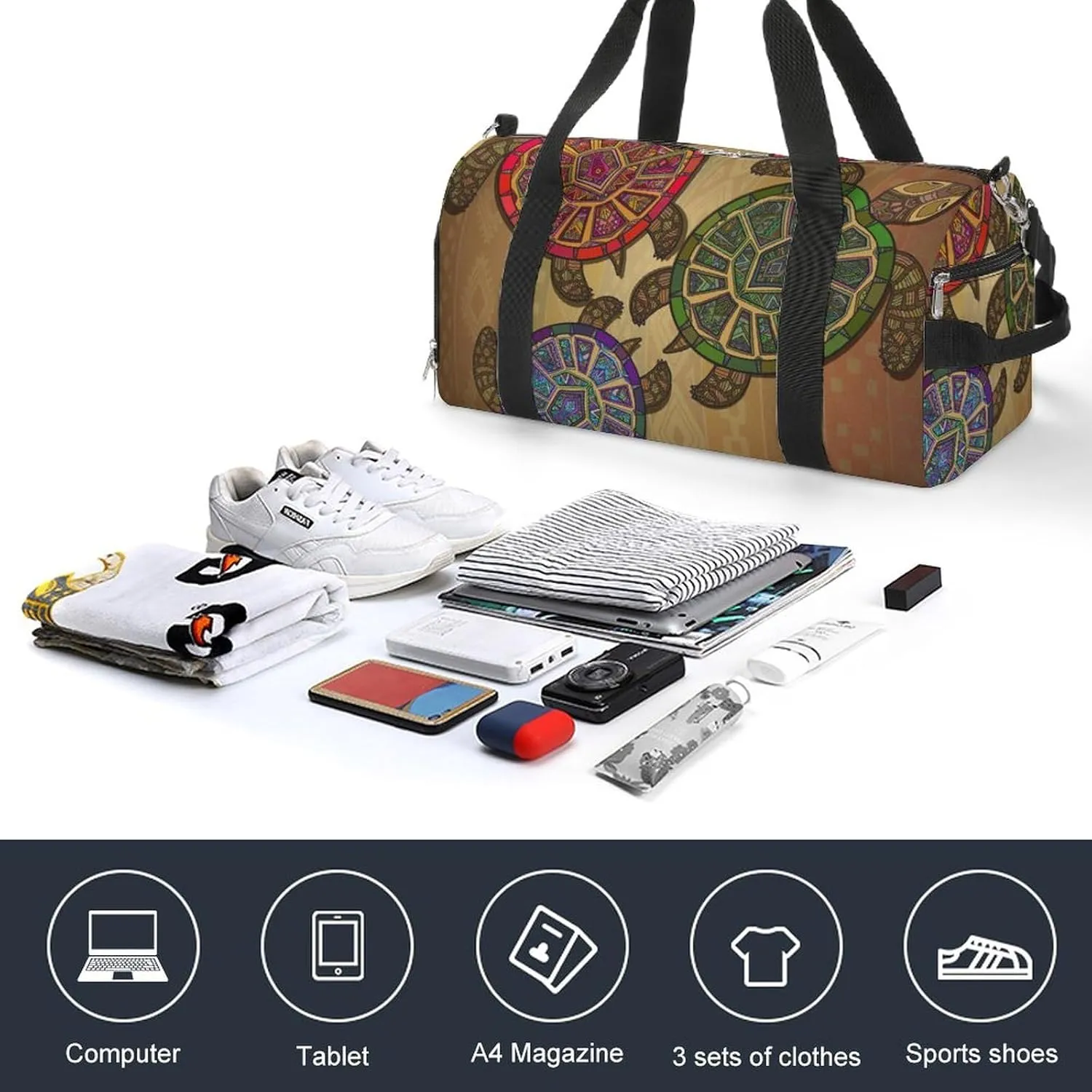 Pattern with Three Turtles Sports Tote Gym Bag for Women Men, Overnight Bag with Shoe Compartment Water Resistant
