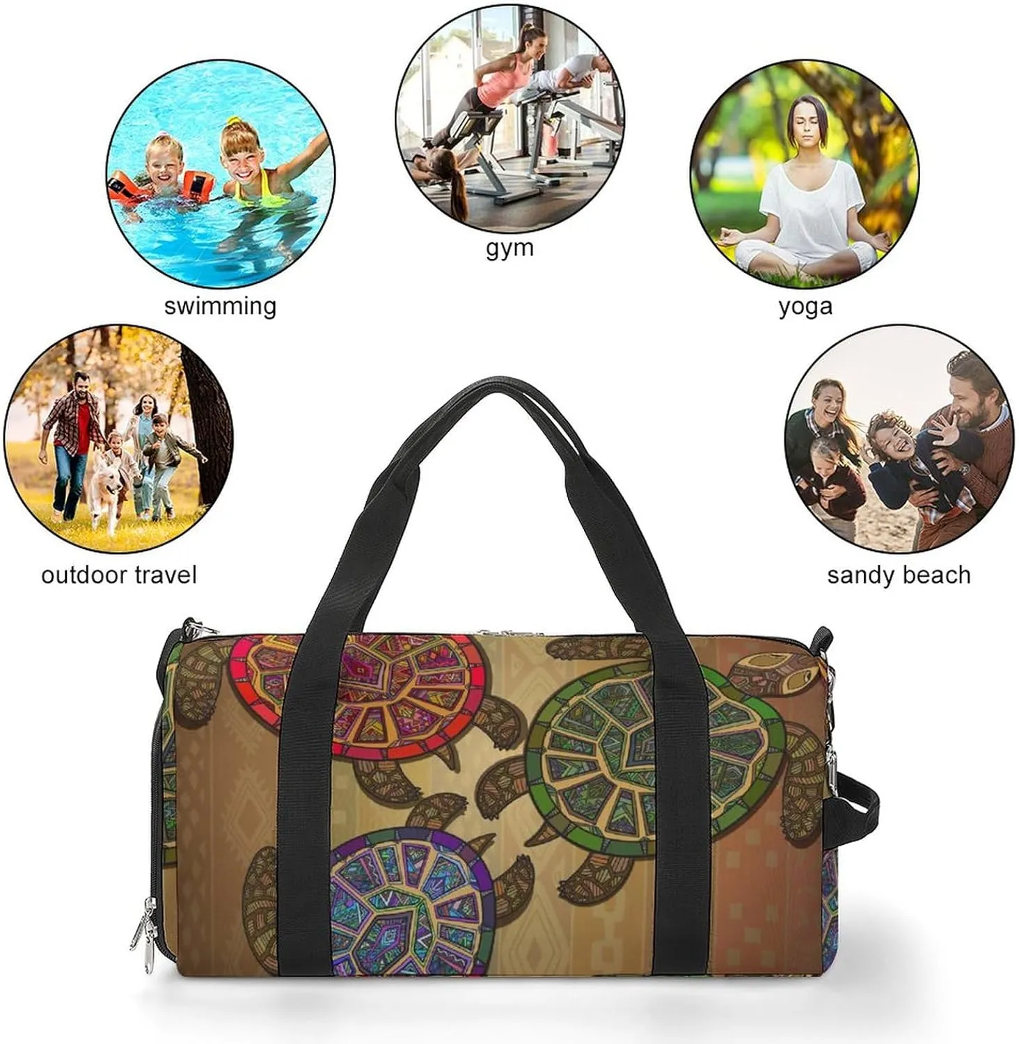 Pattern with Three Turtles Sports Tote Gym Bag for Women Men, Overnight Bag with Shoe Compartment Water Resistant
