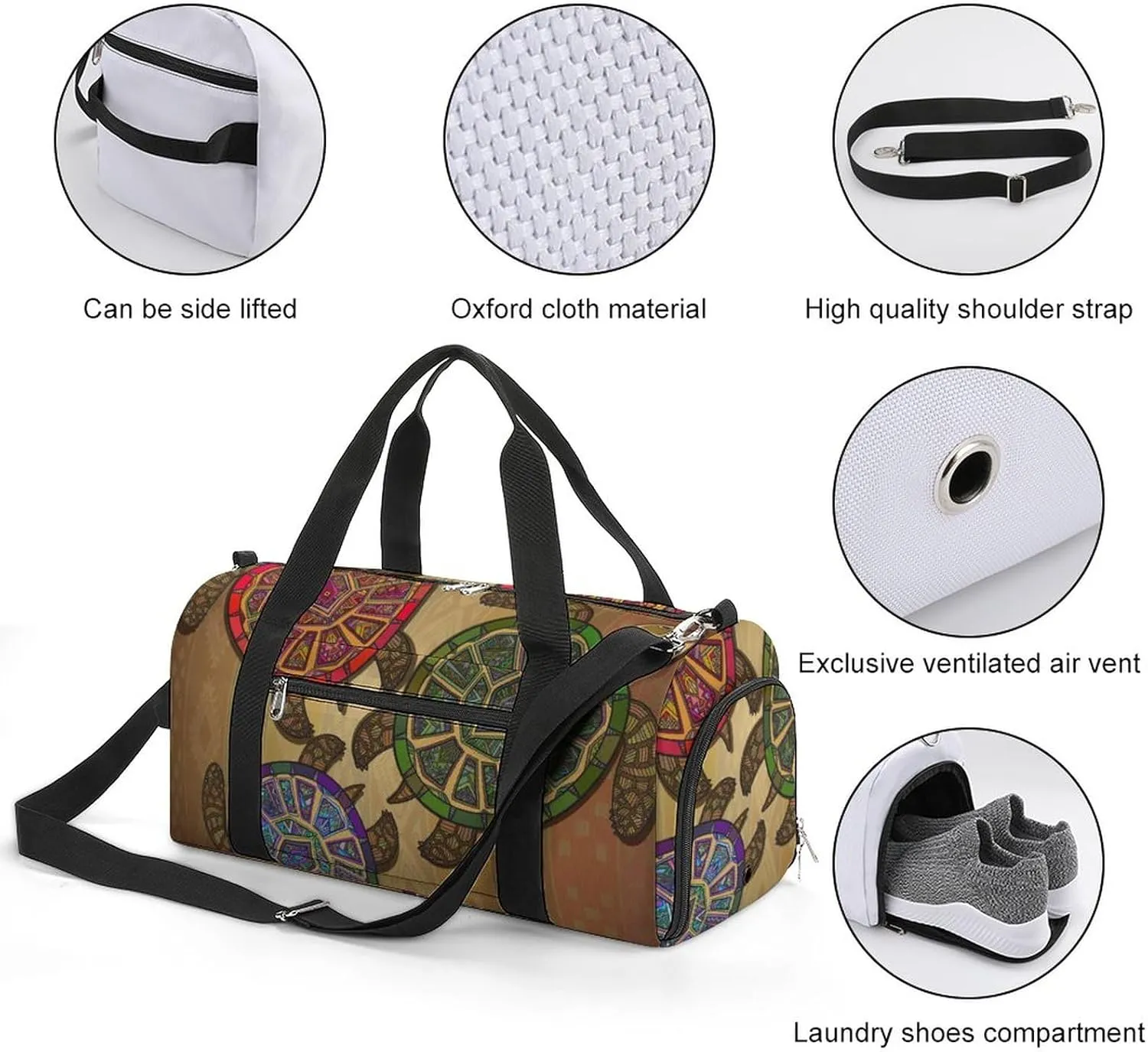 Pattern with Three Turtles Sports Tote Gym Bag for Women Men, Overnight Bag with Shoe Compartment Water Resistant