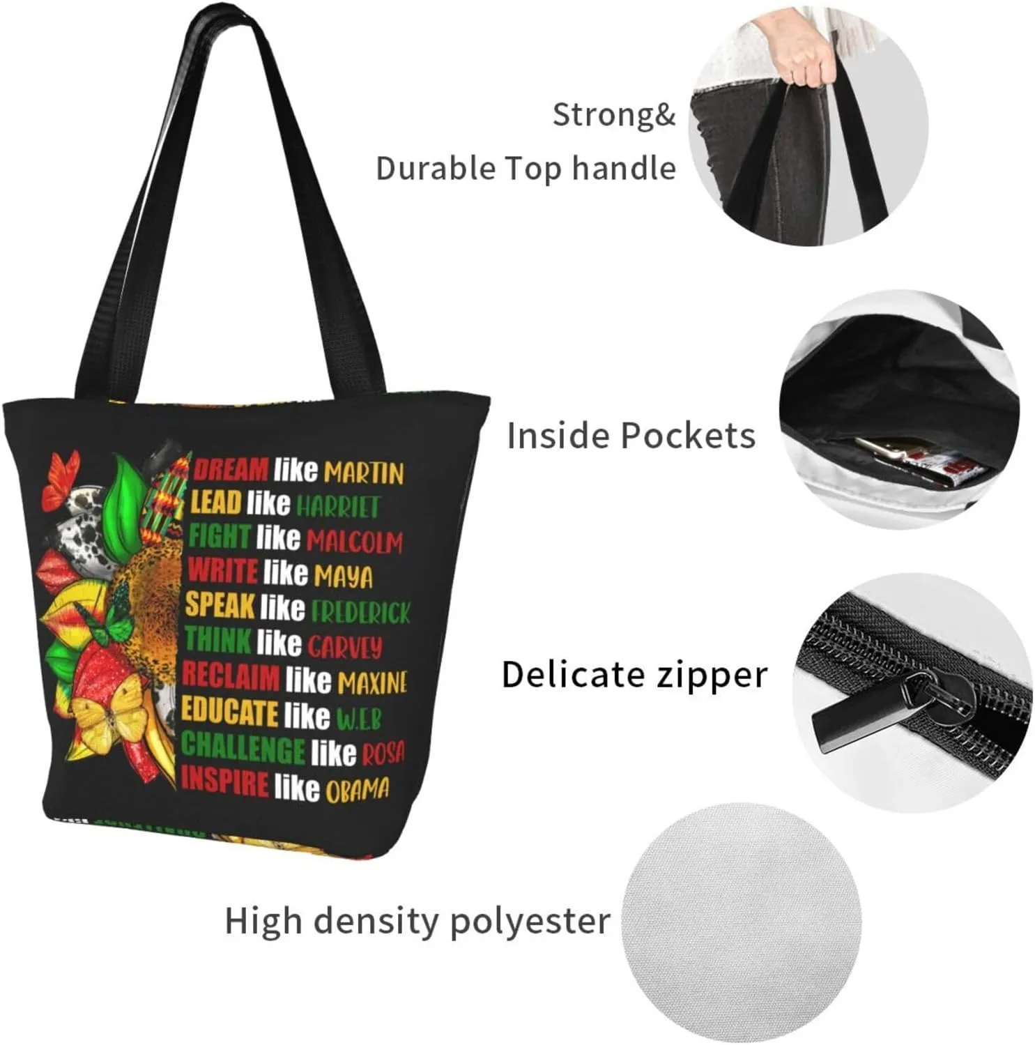 Peace Love Juneteenth Black Freedom Women's Tote Bag Lightweight Shopping Handbag Travel Shoulder Bag With Zipper