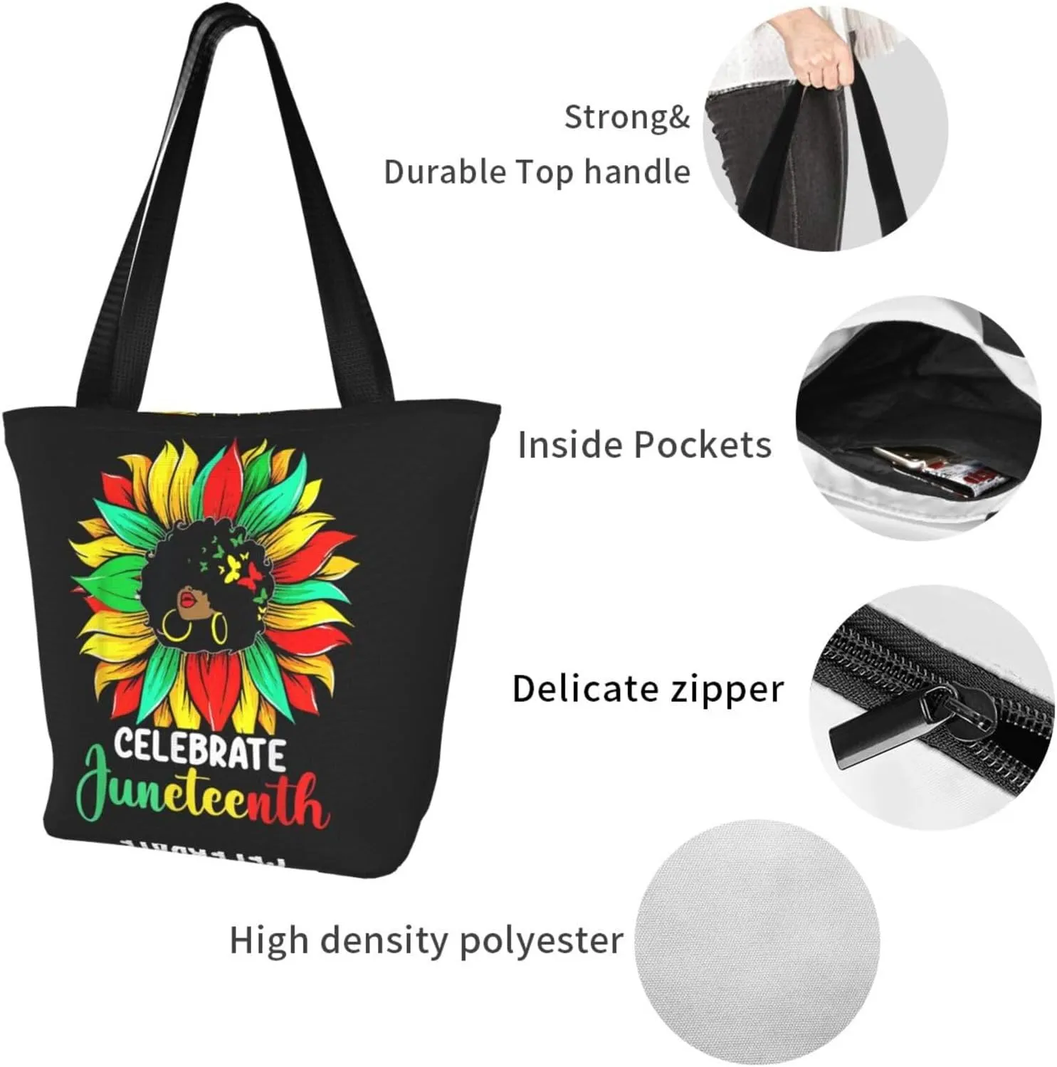 Peace Love Juneteenth Black Freedom Women's Tote Bag Lightweight Shopping Handbag Travel Shoulder Bag With Zipper