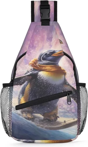 Penguin Space Surfing Sling Backpack for Women Men Waterproof Antitheft Chest Bag Lightweight Travel Crossbody Shoulder Bag for Shopping Outdoor Leisure Sports Mountaineering Riding