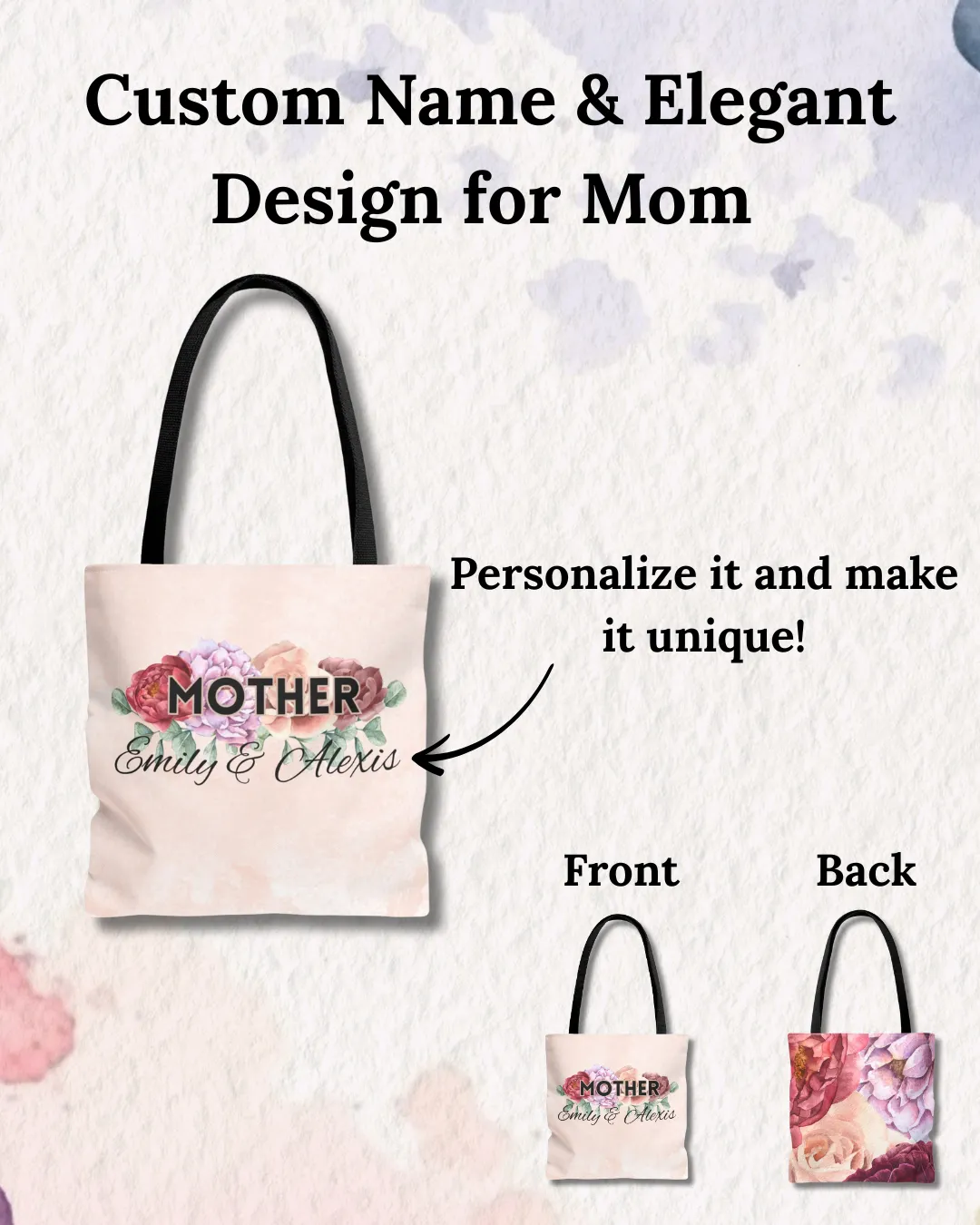 Personalized Bold Floral Mother Tote Bag - Front & Back Design