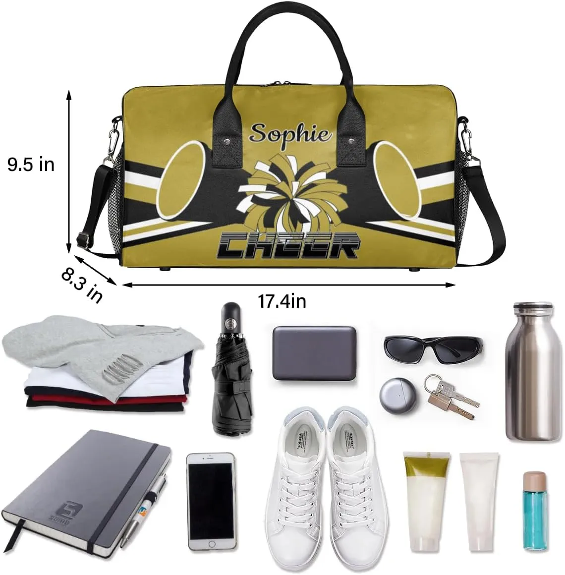 Personalized Cheer Bags for Cheerleaders Custom Sport Duffel Bag Gym Bag Travel Duffle Bag, Brown Overnight Weekender Bag with Name