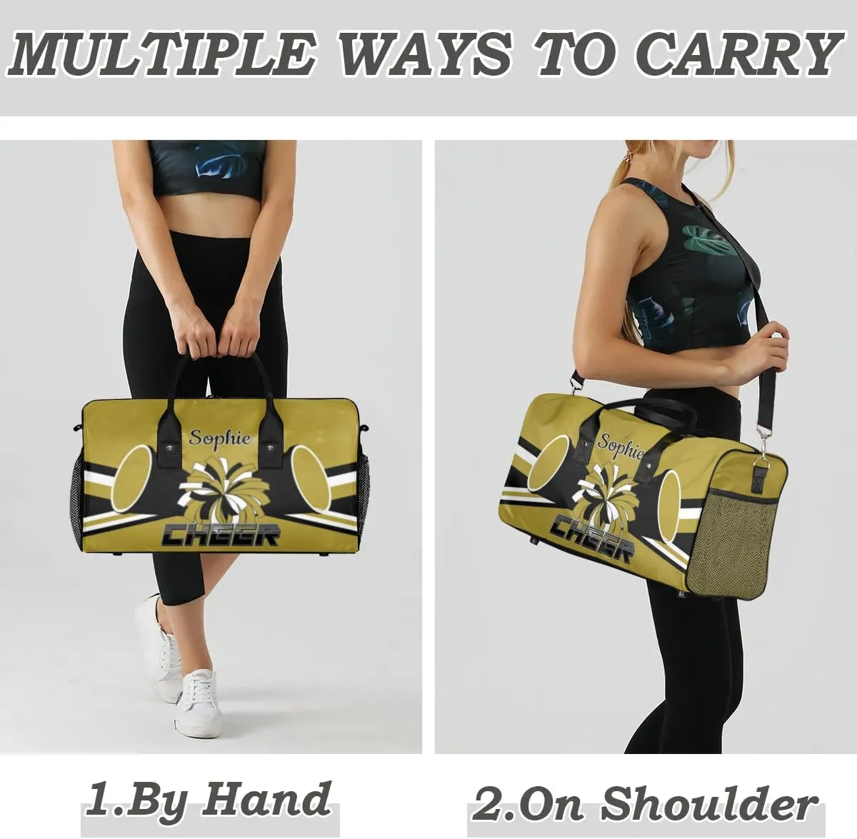 Personalized Cheer Bags for Cheerleaders Custom Sport Duffel Bag Gym Bag Travel Duffle Bag, Brown Overnight Weekender Bag with Name