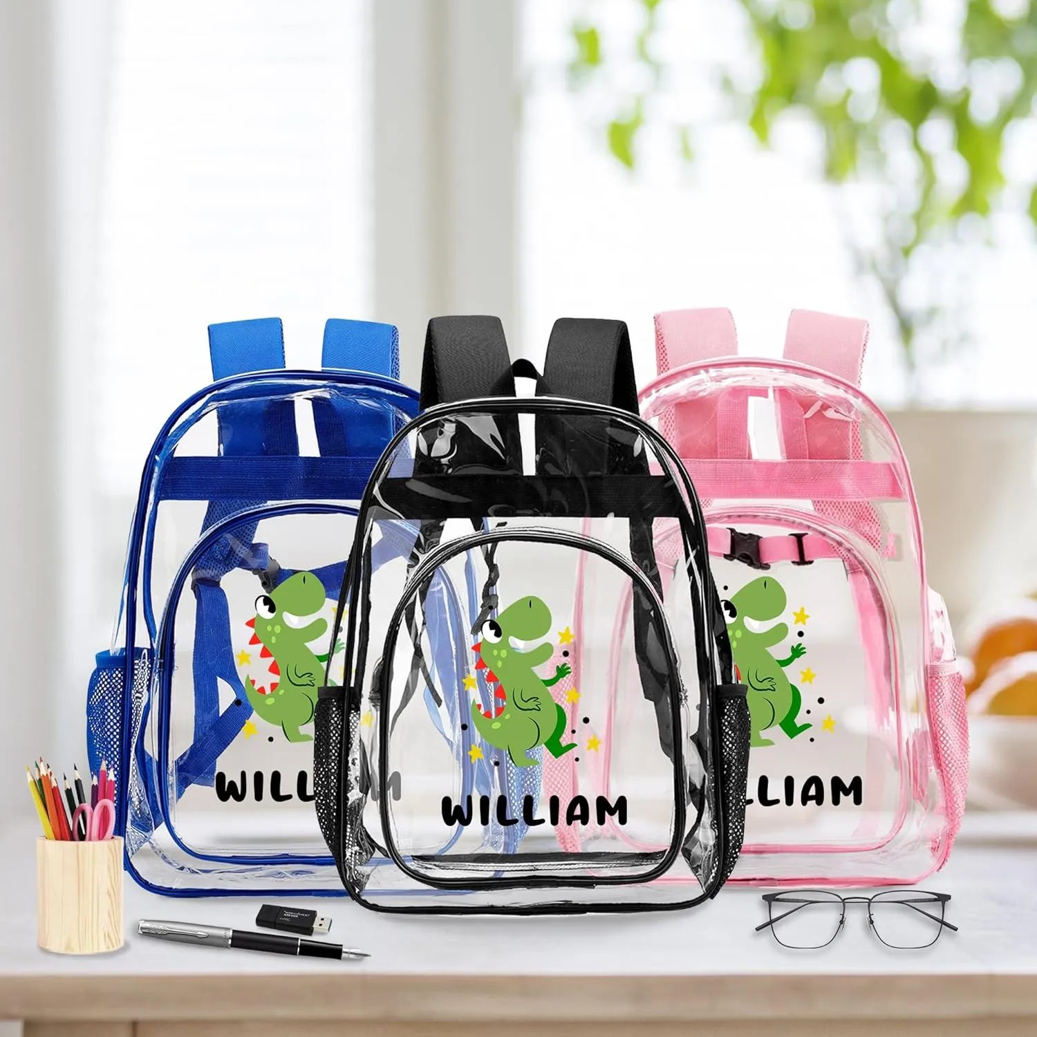 Personalized Dinosaur School Clear Backpack For Boys With Name, Back To School Gifts For Kids, Customization Cute School Bookbags For Girls, Travel PVC Transparent Bags For Stadium Events