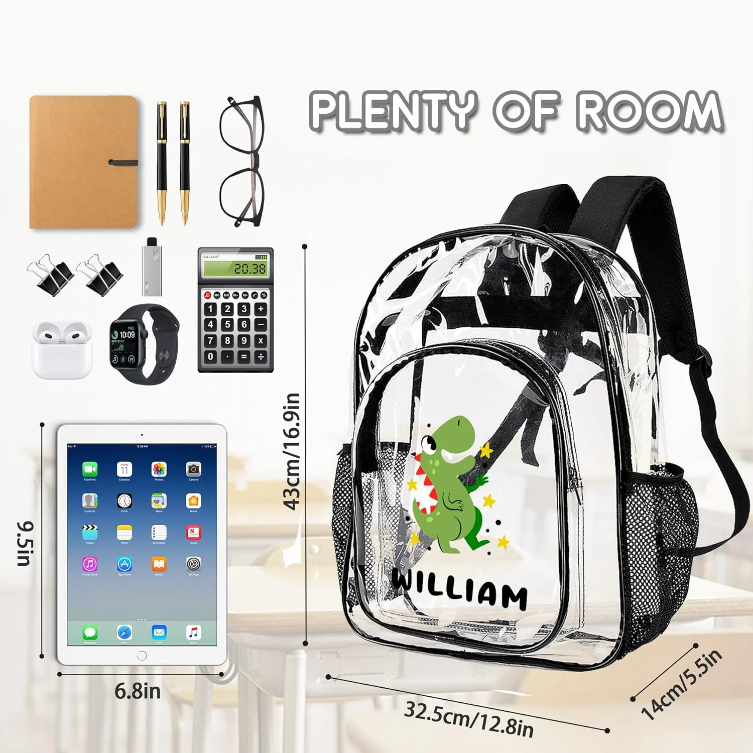 Personalized Dinosaur School Clear Backpack For Boys With Name, Back To School Gifts For Kids, Customization Cute School Bookbags For Girls, Travel PVC Transparent Bags For Stadium Events