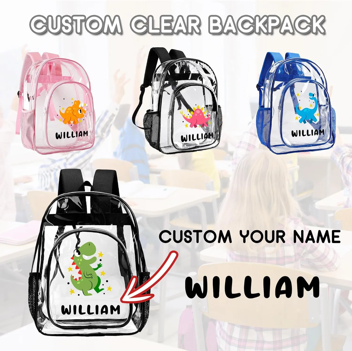Personalized Dinosaur School Clear Backpack For Boys With Name, Back To School Gifts For Kids, Customization Cute School Bookbags For Girls, Travel PVC Transparent Bags For Stadium Events