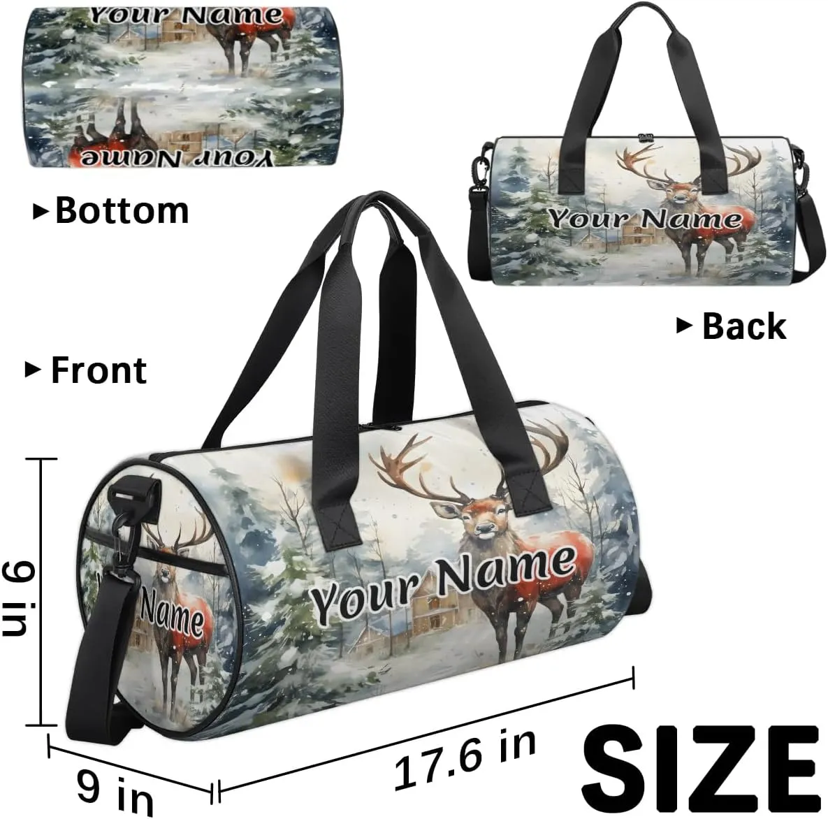 Personalized Duffel Bag for Women, Custom Christmas Gym Bag for Sports, Waterproof Dance Bag with Name, Lightweight Carryon Gym Bag, Reindeer Xmas Tree