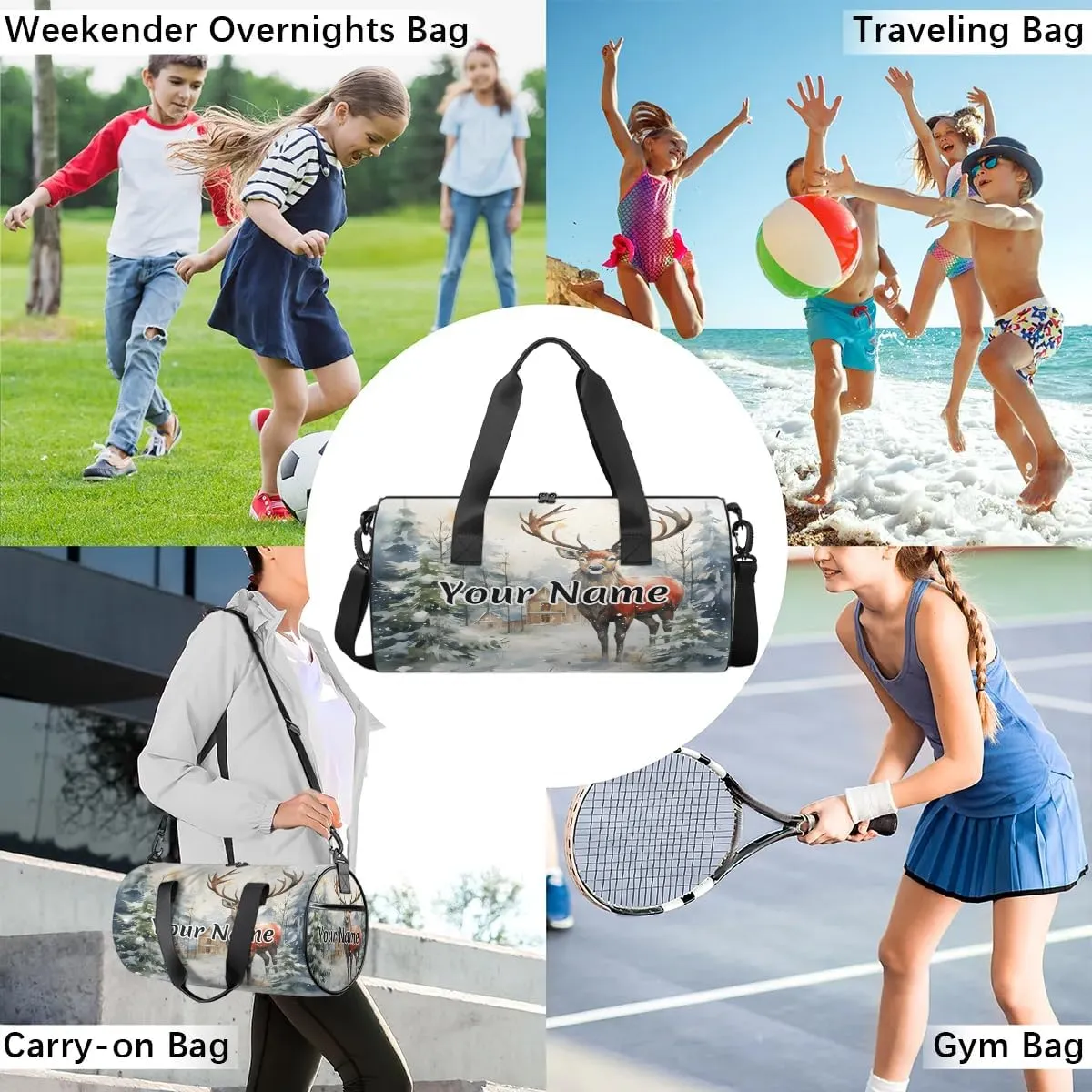 Personalized Duffel Bag for Women, Custom Christmas Gym Bag for Sports, Waterproof Dance Bag with Name, Lightweight Carryon Gym Bag, Reindeer Xmas Tree