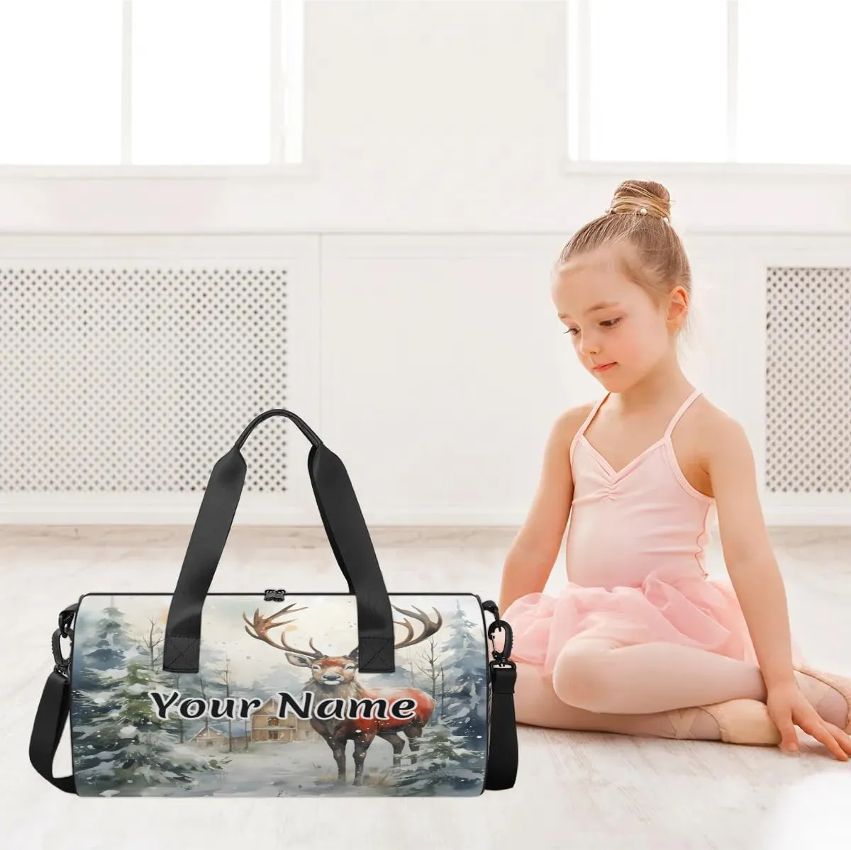 Personalized Duffel Bag for Women, Custom Christmas Gym Bag for Sports, Waterproof Dance Bag with Name, Lightweight Carryon Gym Bag, Reindeer Xmas Tree
